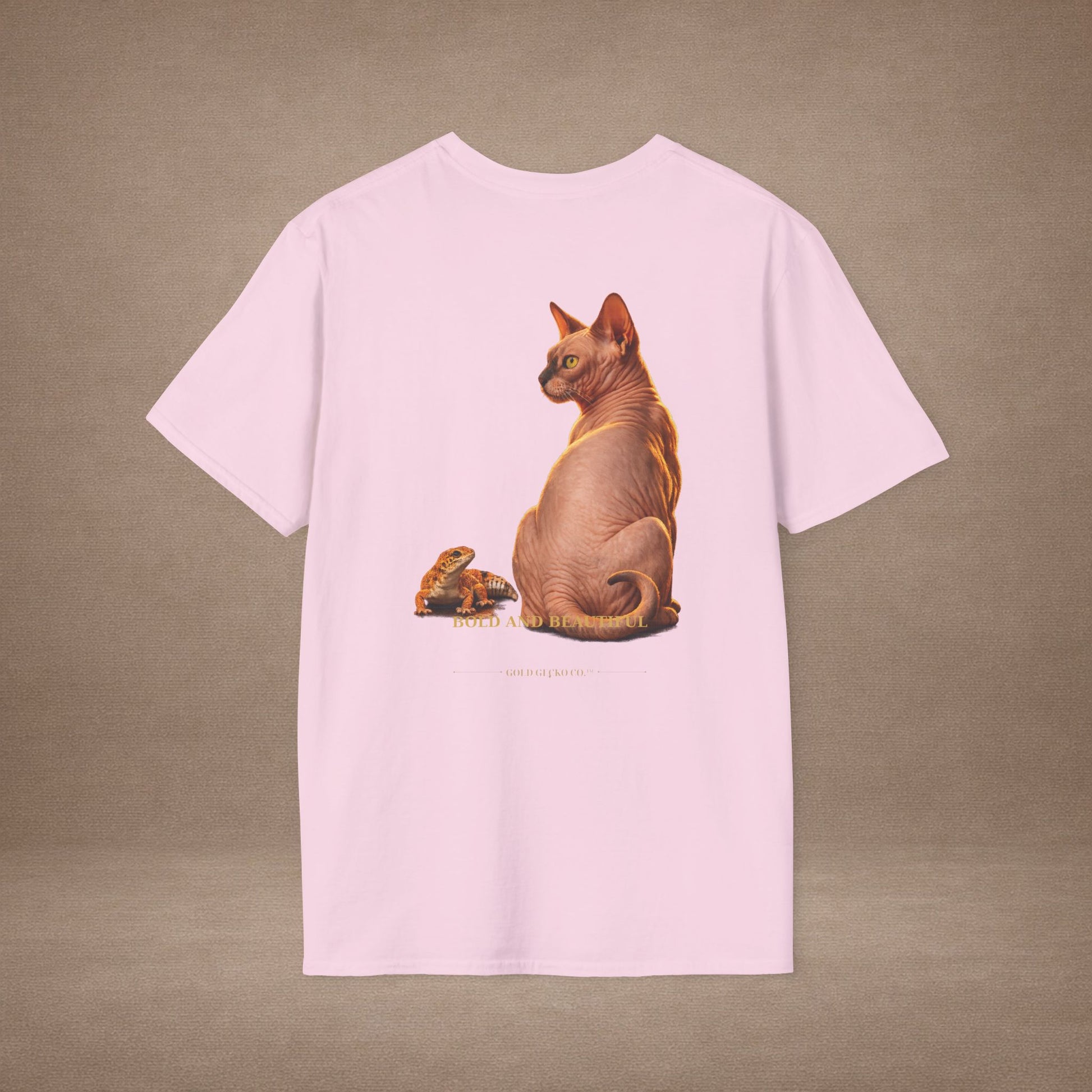 Sphynx — Bold And Beautiful — photoreal cat breed portraits paired with tiny gecko compani. Gold Gecko Co. Cats & Geckos collection.