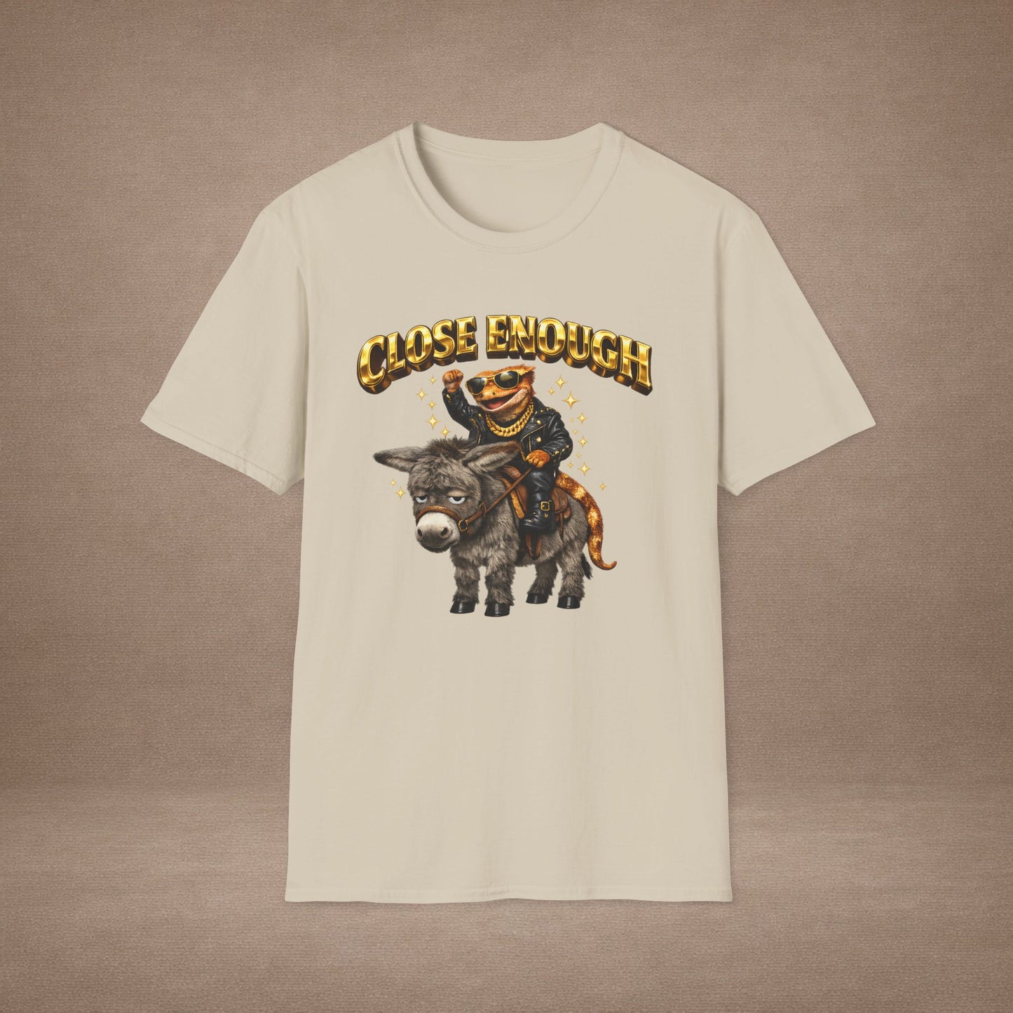 DESIGN #04-1 Close Enough — Donkey Gecko Tee (Front & Back) (Gold Letters)