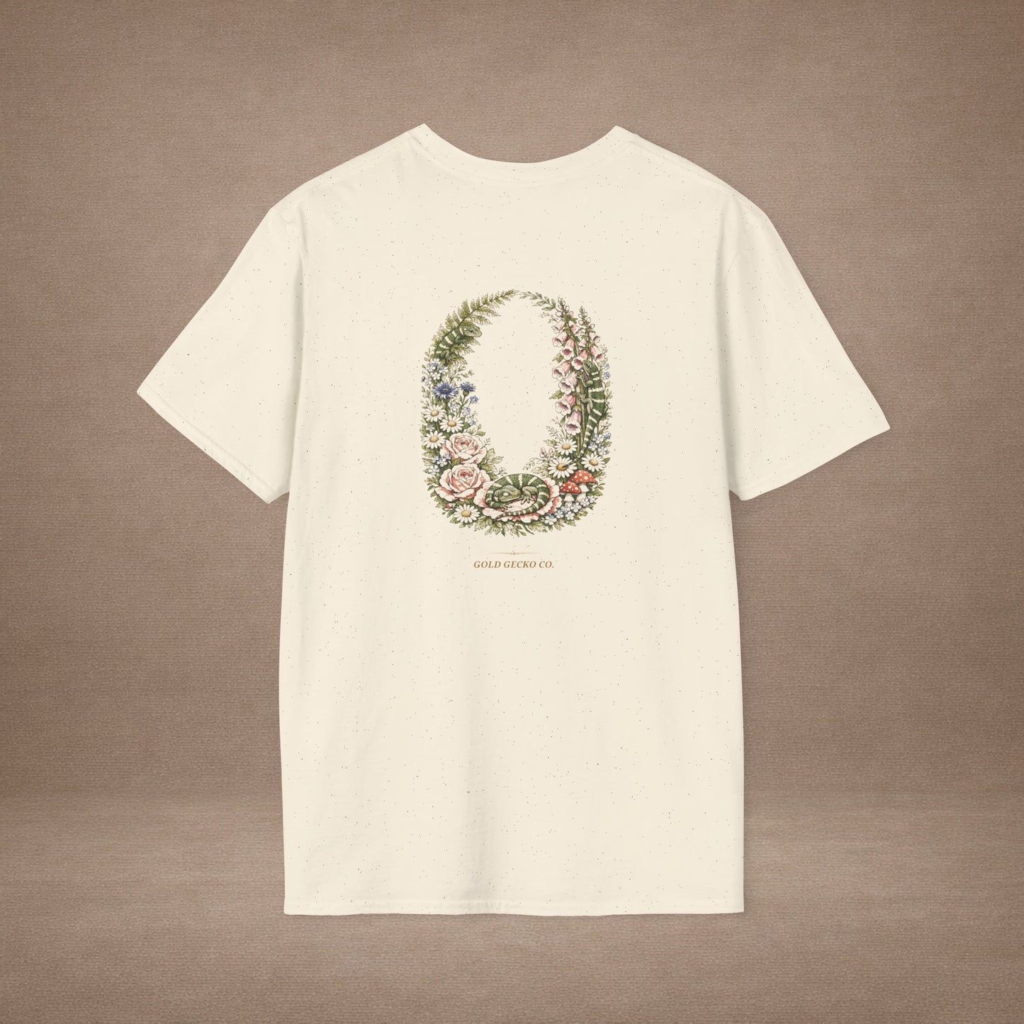 Garden Gecko leopard gecko t-shirt with botanical ferns, mushrooms, and daisies — Gold Gecko Co. cottagecore collection
