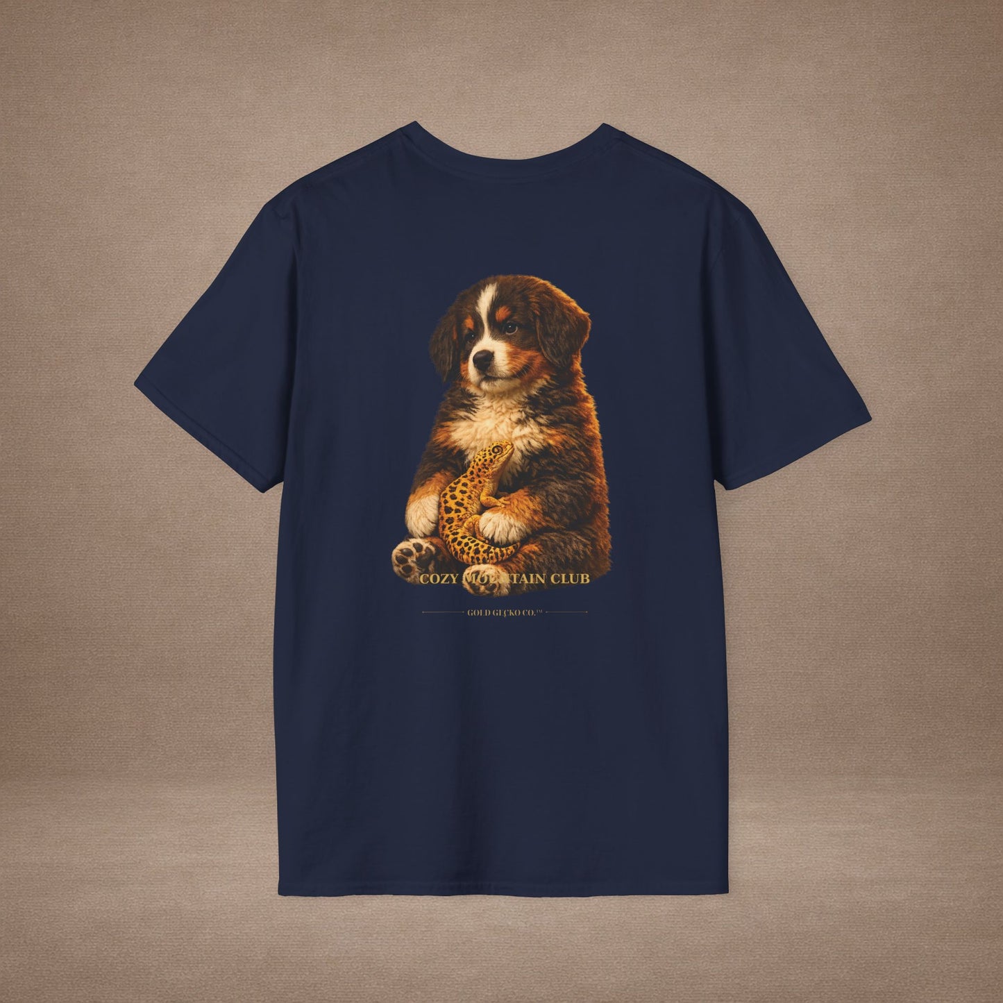 Bernese Mountain Dog — Cozy Mountain Club — cinematic photoreal portraits of beloved dog breeds paired w. Gold Gecko Co. Puppies & Geckos collection.