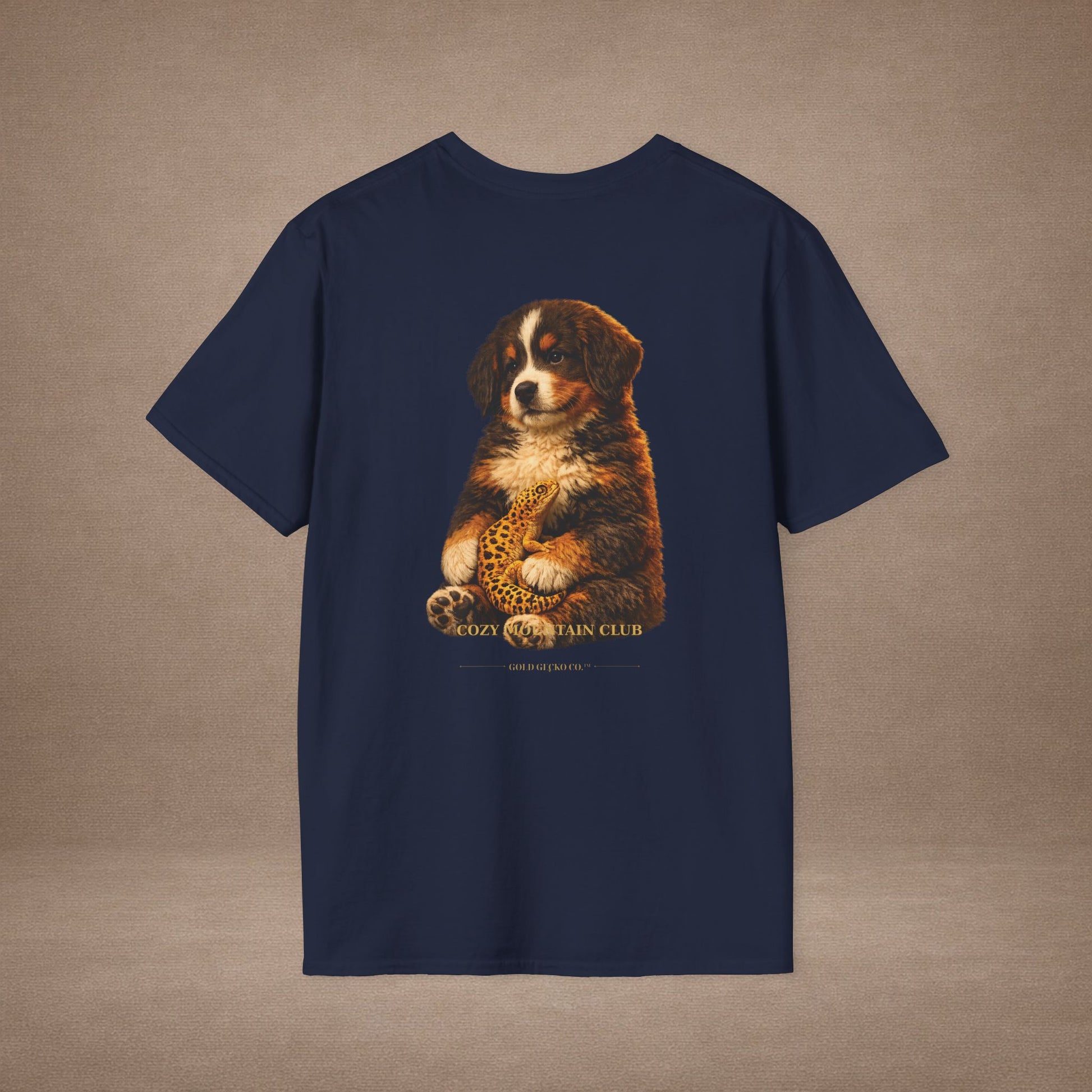 Bernese Mountain Dog — Cozy Mountain Club — cinematic photoreal portraits of beloved dog breeds paired w. Gold Gecko Co. Puppies & Geckos collection.