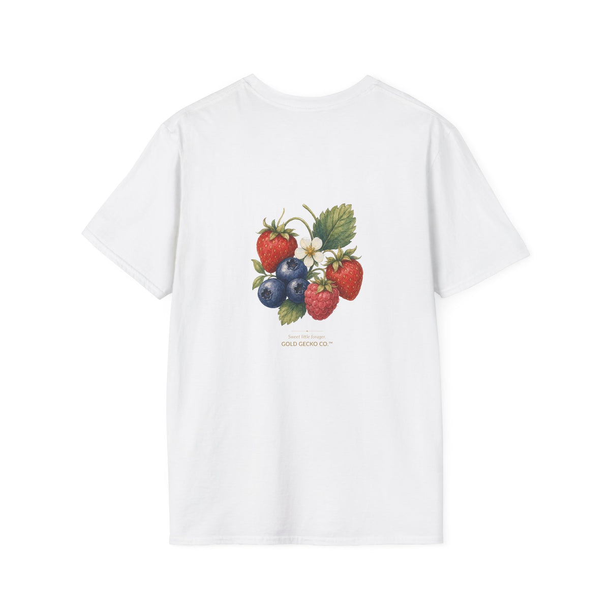 Berry Basket Buddy cottagecore watercolor T-shirt from Gold Gecko Co. — gecko nestled in a woven basket of wild strawberries and blueberries.