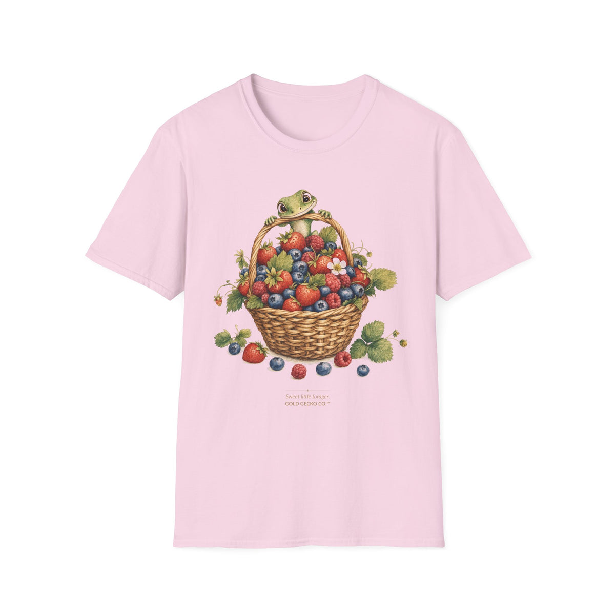 Berry Basket Buddy cottagecore watercolor T-shirt from Gold Gecko Co. — gecko nestled in a woven basket of wild strawberries and blueberries.