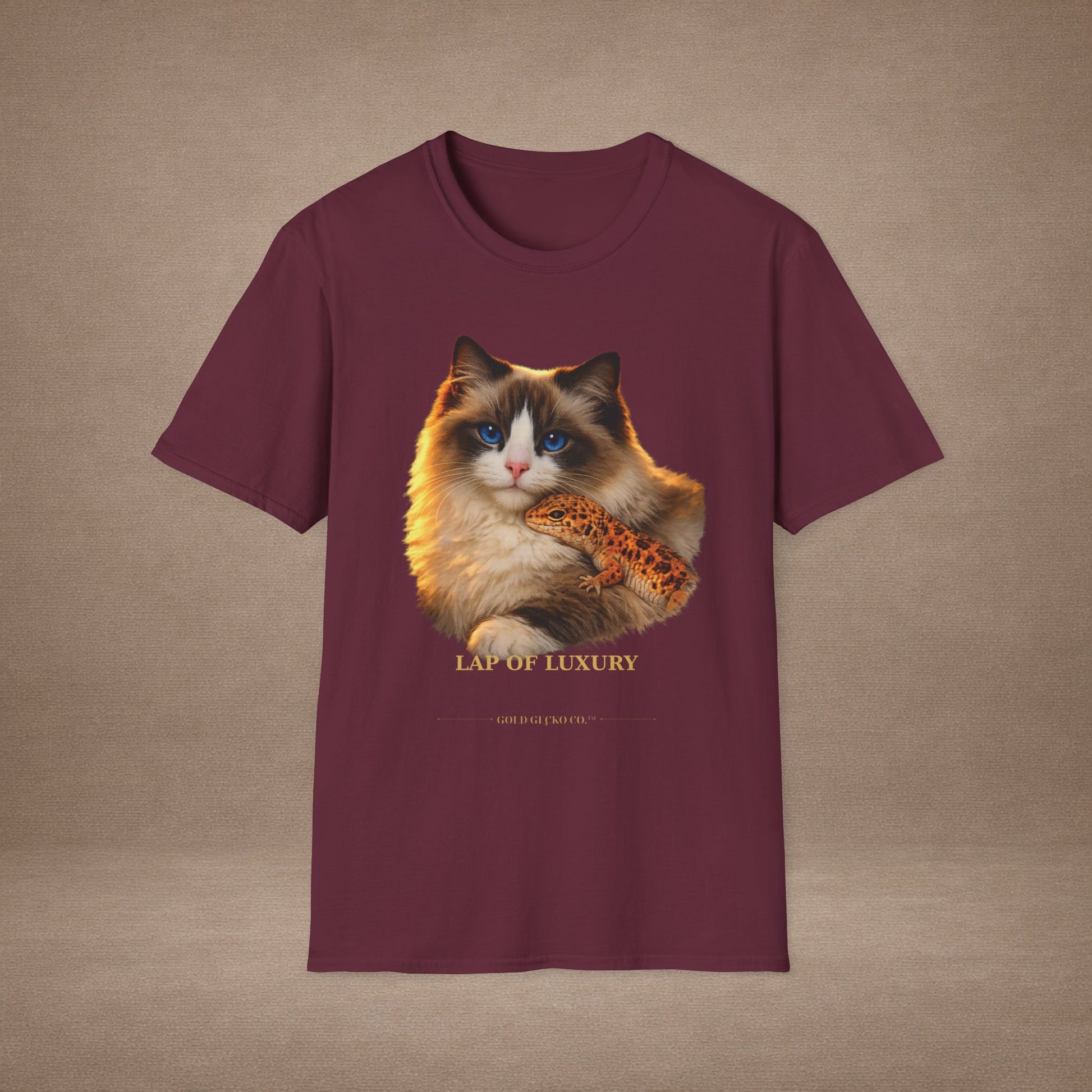 Ragdoll — Lap Of Luxury — photoreal cat breed portraits paired with tiny gecko compani. Gold Gecko Co. Cats & Geckos collection.