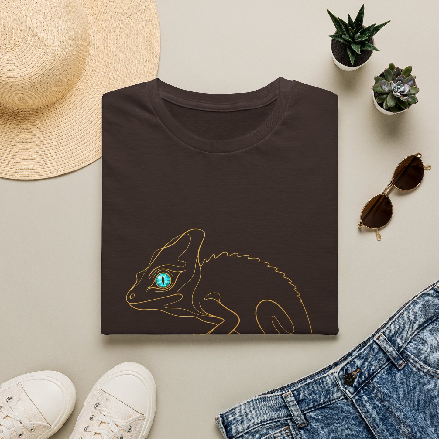 Turquoise Chameleon single-line art with turquoise gem eye — Gold Gecko Co. Line & Gold collection (Dark)