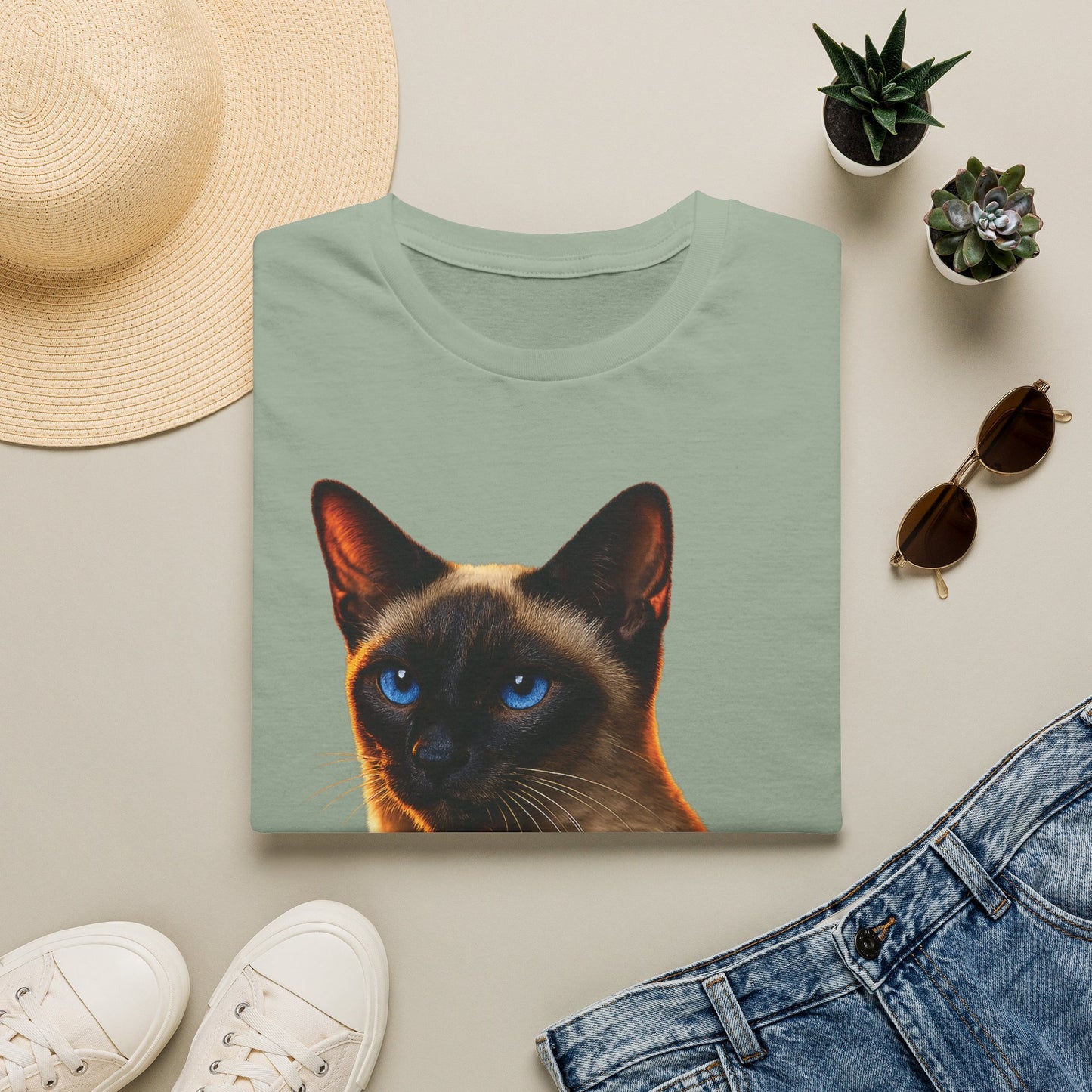 Siamese — Talk Of The Town — photoreal cat breed portraits paired with tiny gecko compani. Gold Gecko Co. Cats & Geckos collection.