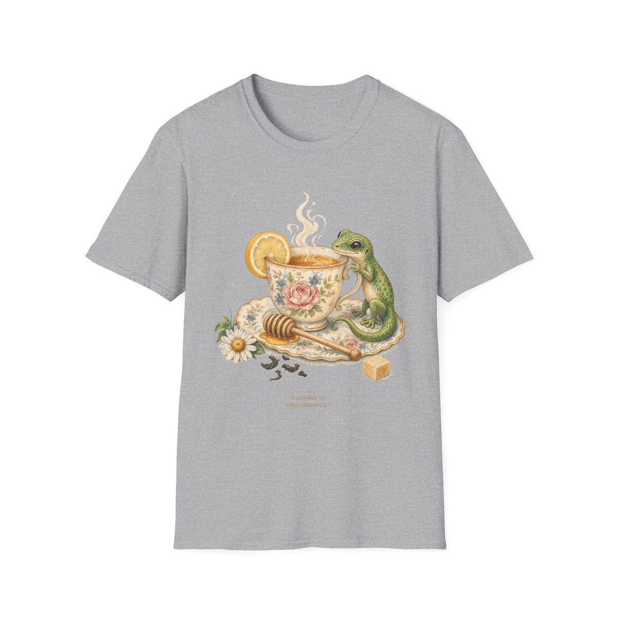 Tea Time Gecko cottagecore watercolor T-shirt from Gold Gecko Co. — gecko sipping from a floral teacup among daisies and lavender.