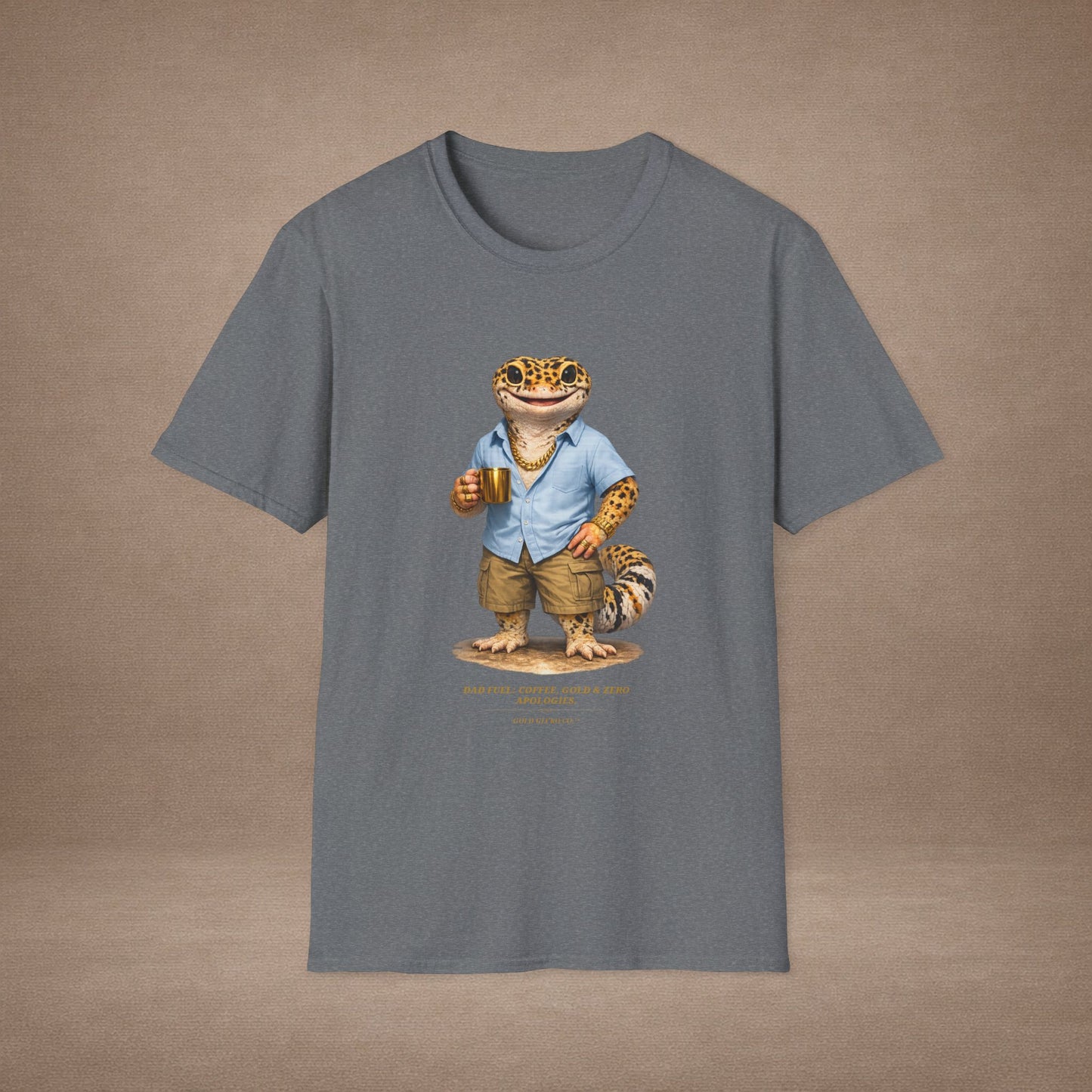 Design #03-2-2 - Coffee Dad (Leopard - Powder Blue Shirt, Gold Mug, Grass)