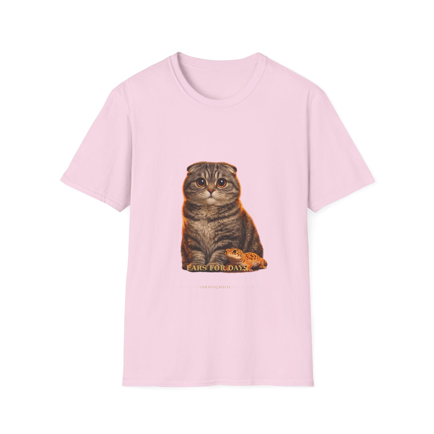 Scottish Fold — Ears For Days — photoreal cat breed portraits paired with tiny gecko compani. Gold Gecko Co. Cats & Geckos collection.