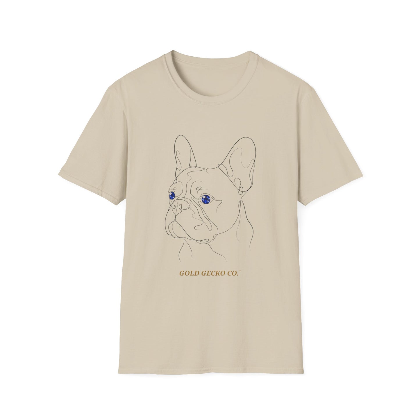 Sapphire French Bulldog single-line art with sapphire blue gem eye — Gold Gecko Co. Line & Gold collection (Light)