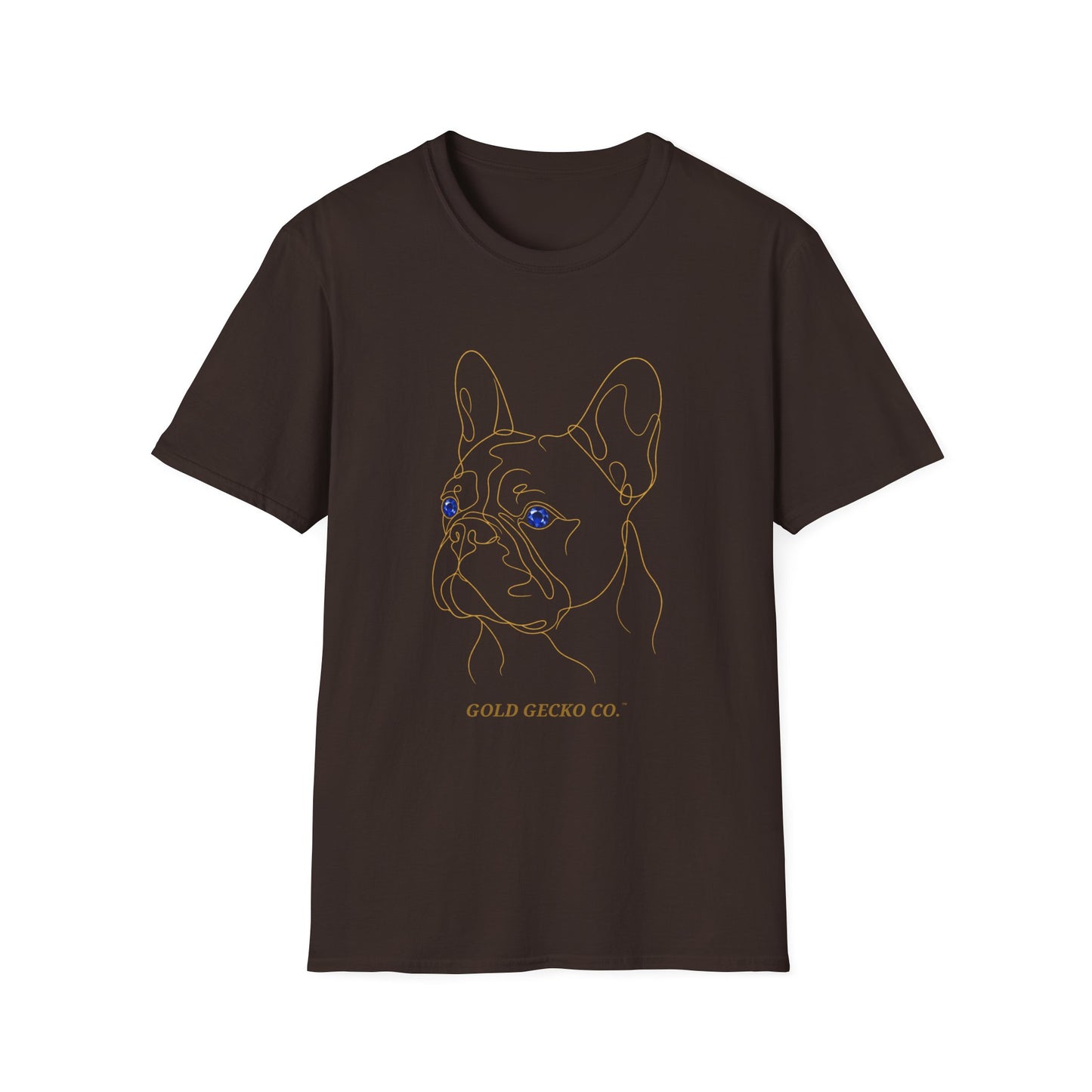 Sapphire French Bulldog single-line art with sapphire blue gem eye — Gold Gecko Co. Line & Gold collection (Dark)