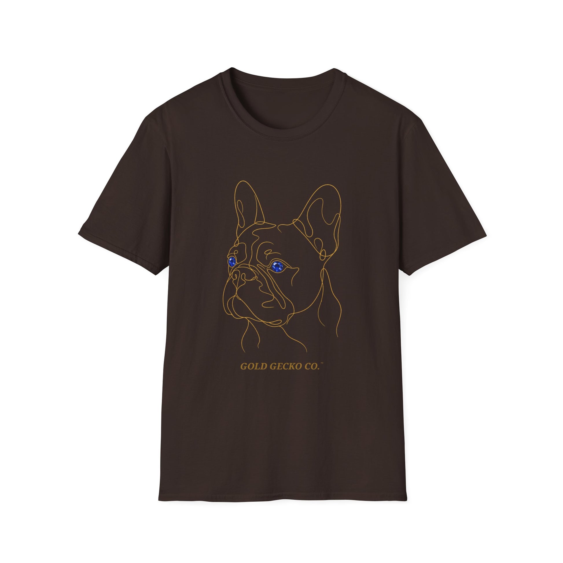Sapphire French Bulldog single-line art with sapphire blue gem eye — Gold Gecko Co. Line & Gold collection (Dark)
