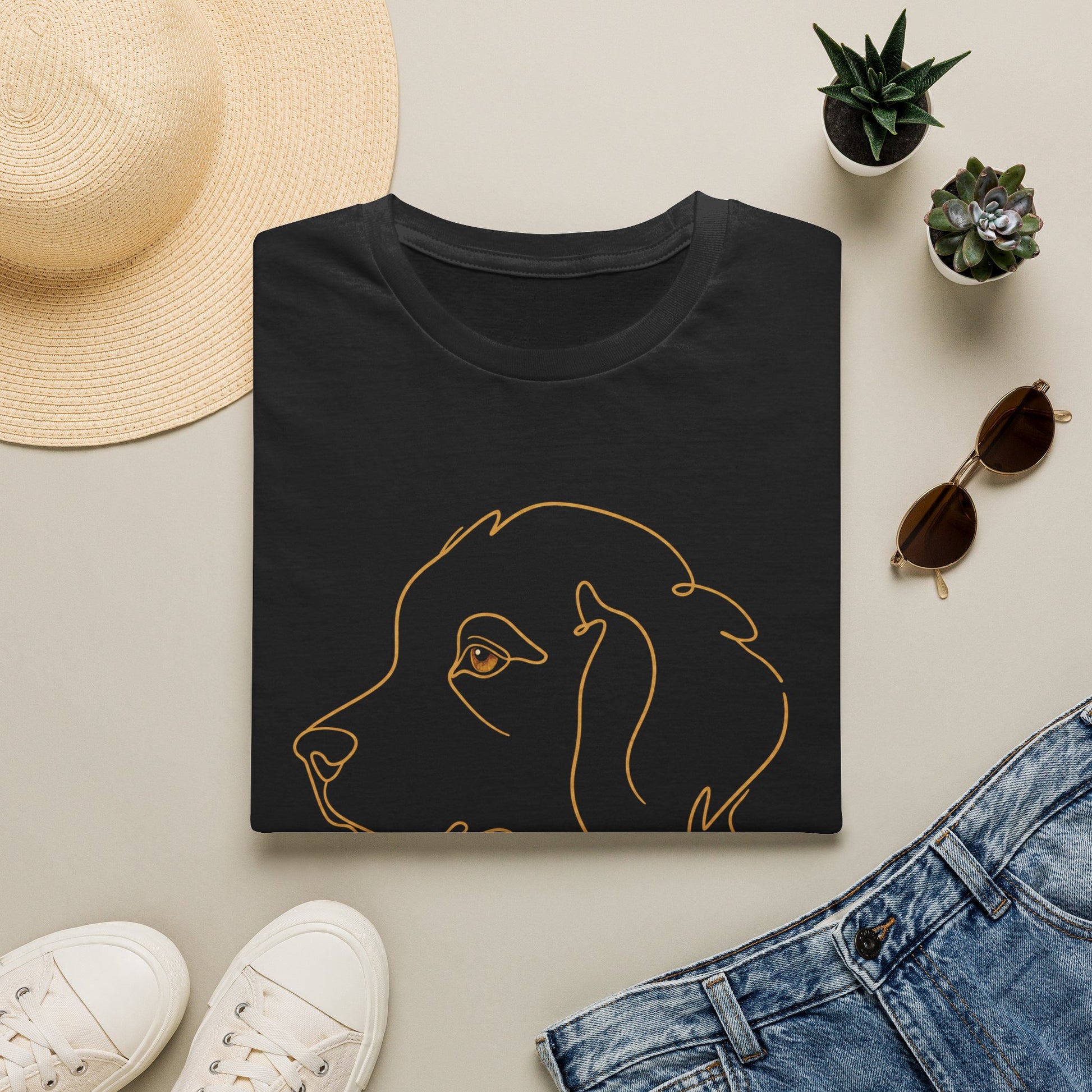 Topaz Golden Retriever single-line art with topaz gold gem eye — Gold Gecko Co. Line & Gold collection (Dark)