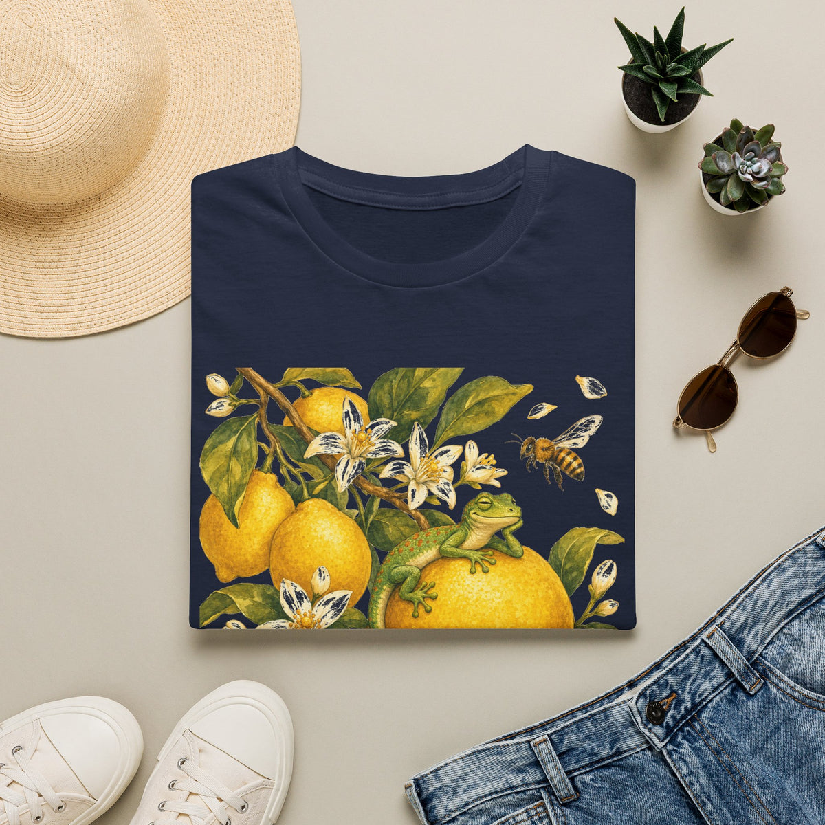 Citrus Grove Gecko cottagecore watercolor T-shirt from Gold Gecko Co. — gecko in a sunlit Mediterranean citrus grove of lemons and oranges.