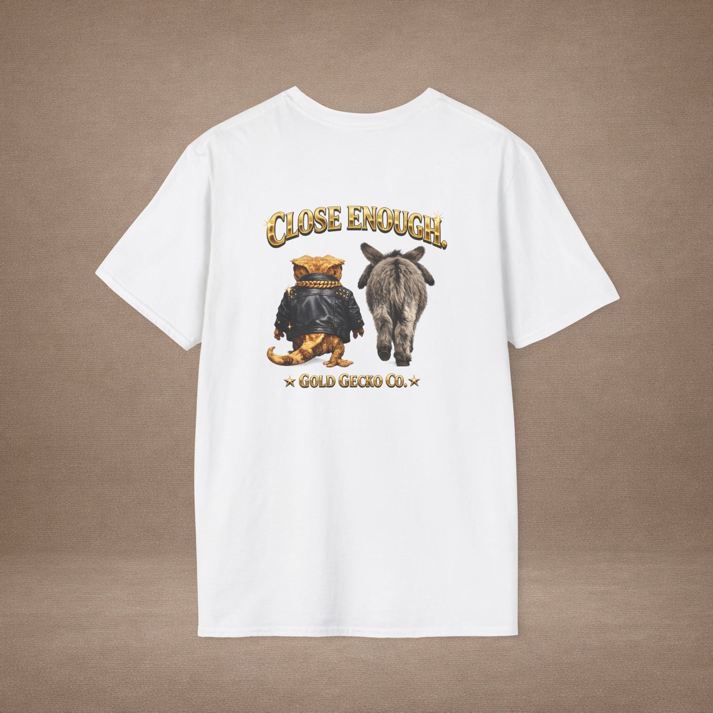 DESIGN #04-1 Close Enough — Donkey Gecko Tee (Front & Back) (Gold Letters)
