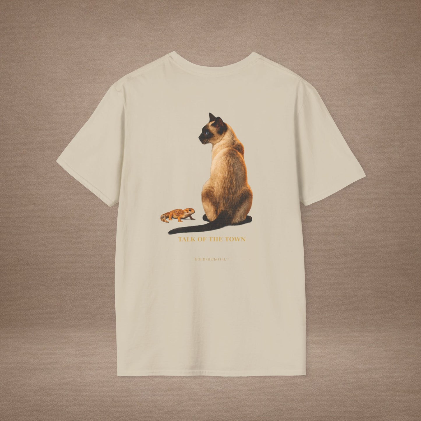 Siamese — Talk Of The Town — photoreal cat breed portraits paired with tiny gecko compani. Gold Gecko Co. Cats & Geckos collection.