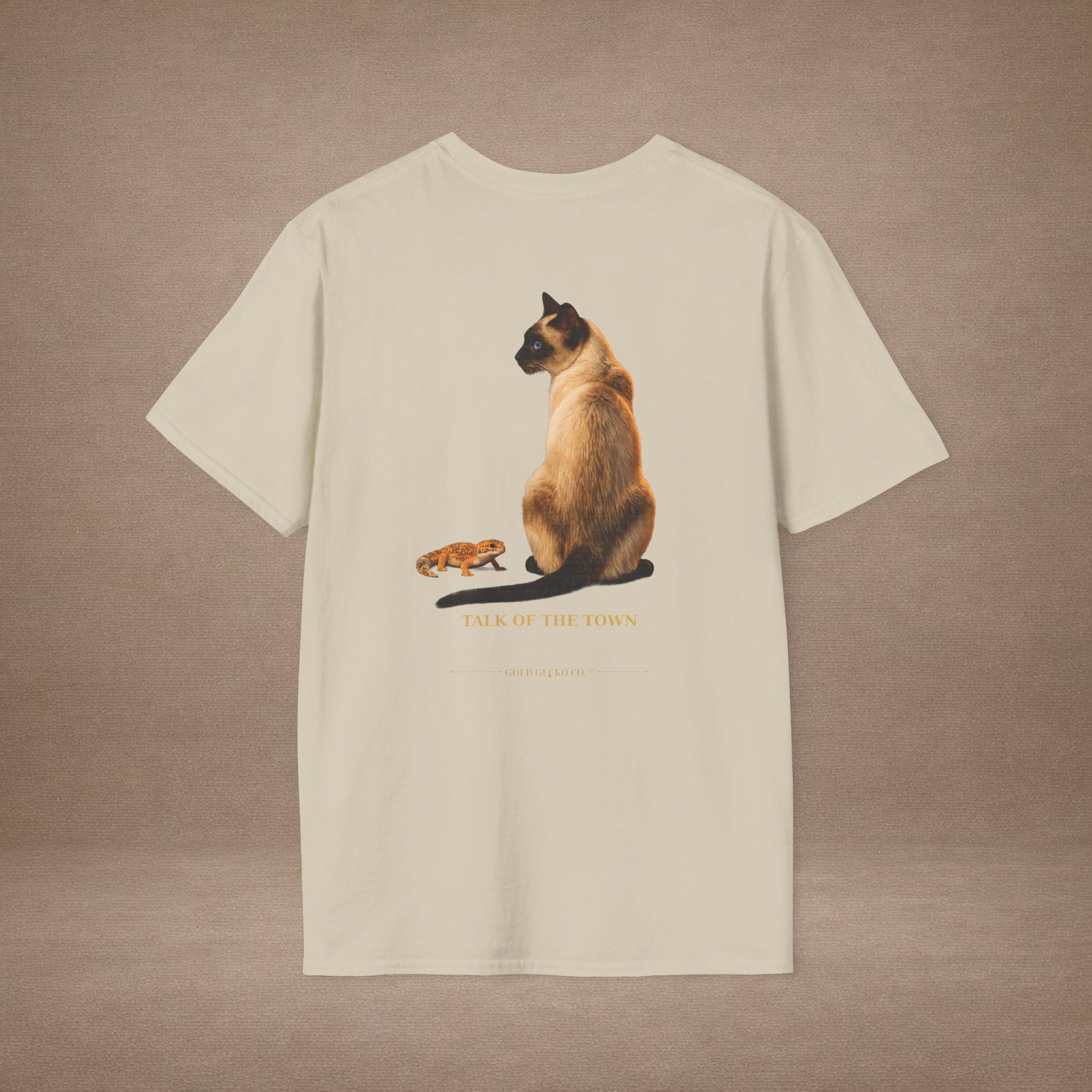 Siamese — Talk Of The Town — photoreal cat breed portraits paired with tiny gecko compani. Gold Gecko Co. Cats & Geckos collection.