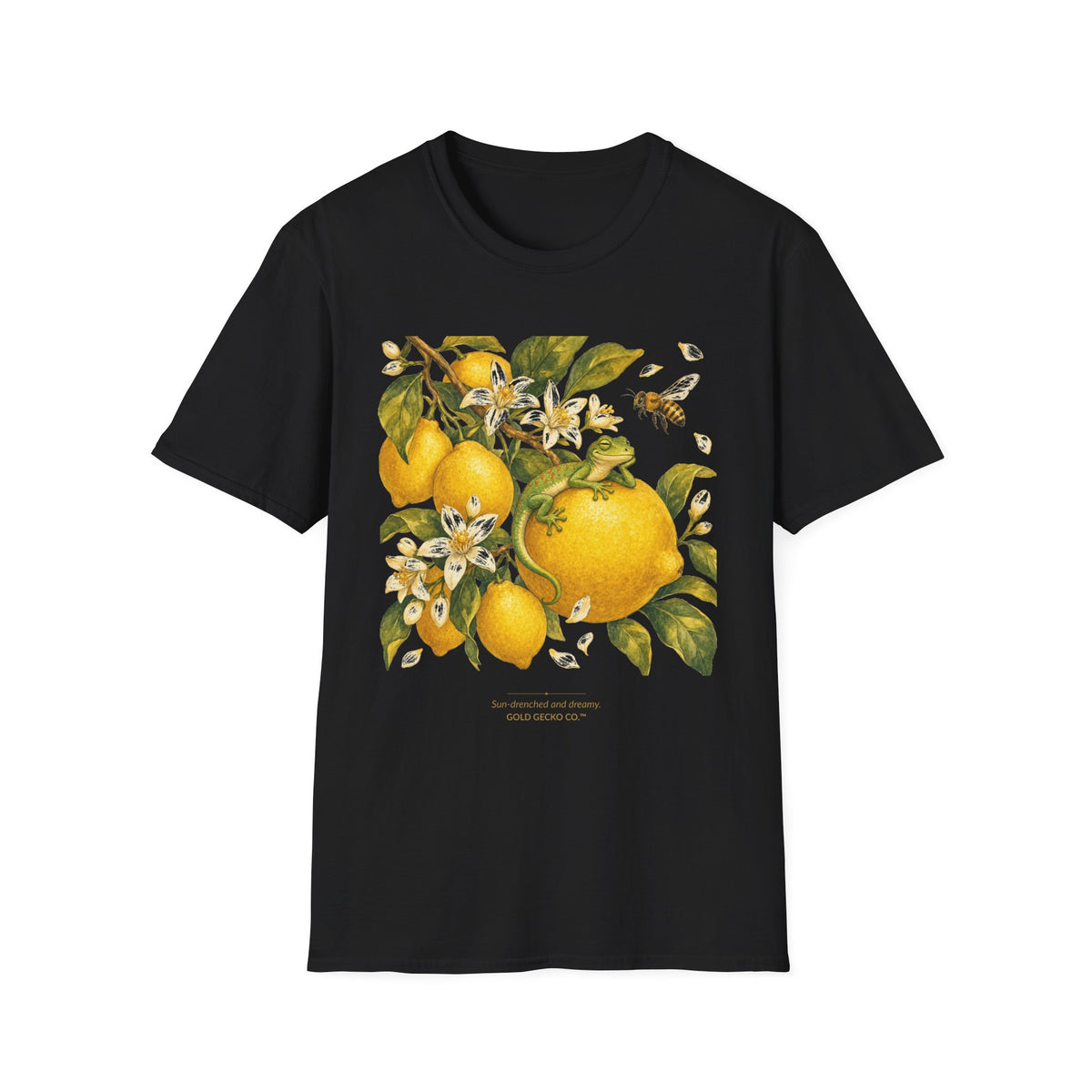 Citrus Grove Gecko cottagecore watercolor T-shirt from Gold Gecko Co. — gecko in a sunlit Mediterranean citrus grove of lemons and oranges.