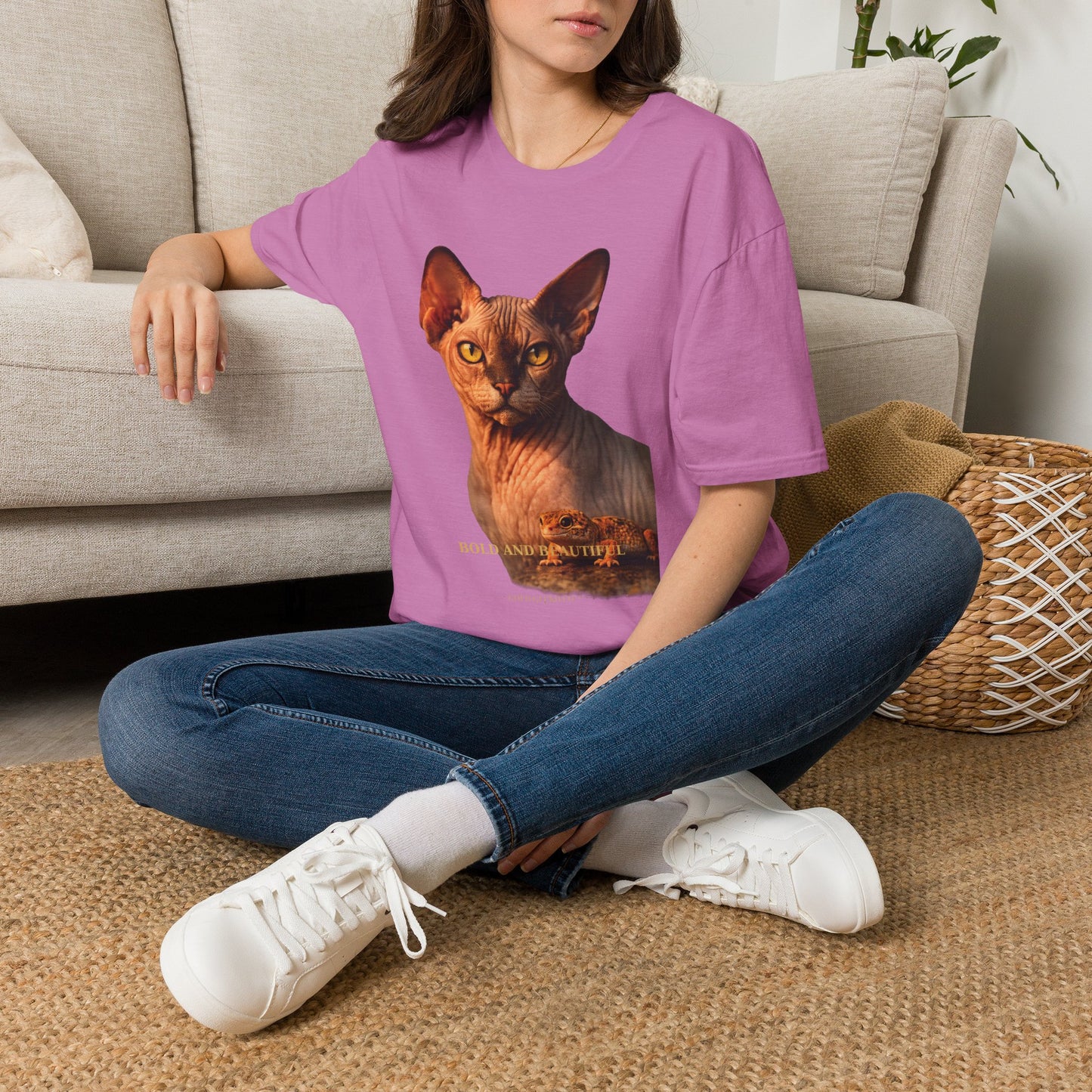 Sphynx — Bold And Beautiful — photoreal cat breed portraits paired with tiny gecko compani. Gold Gecko Co. Cats & Geckos collection.