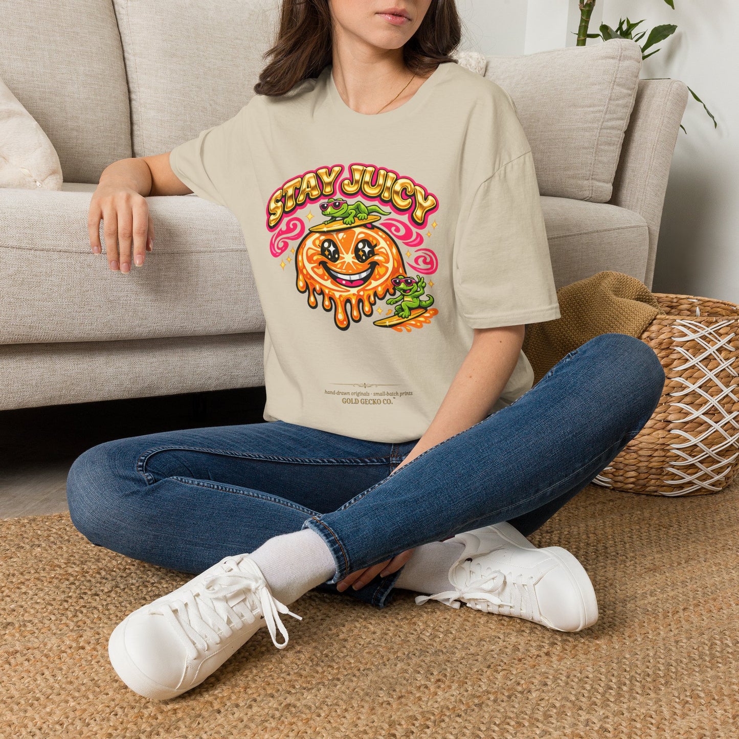 Stay Juicy retro chrome orange & gecko graphic t-shirt — Gold Gecko Co.