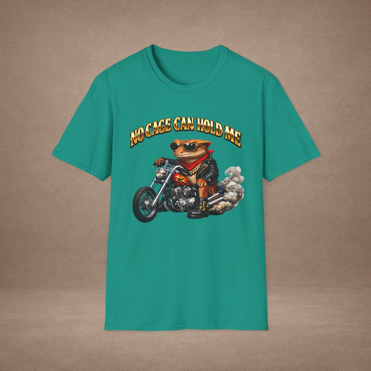 DESIGN #37 No Cage Can Hold Me — Chopper Gecko Tee (Front & Back) Gold Lettering