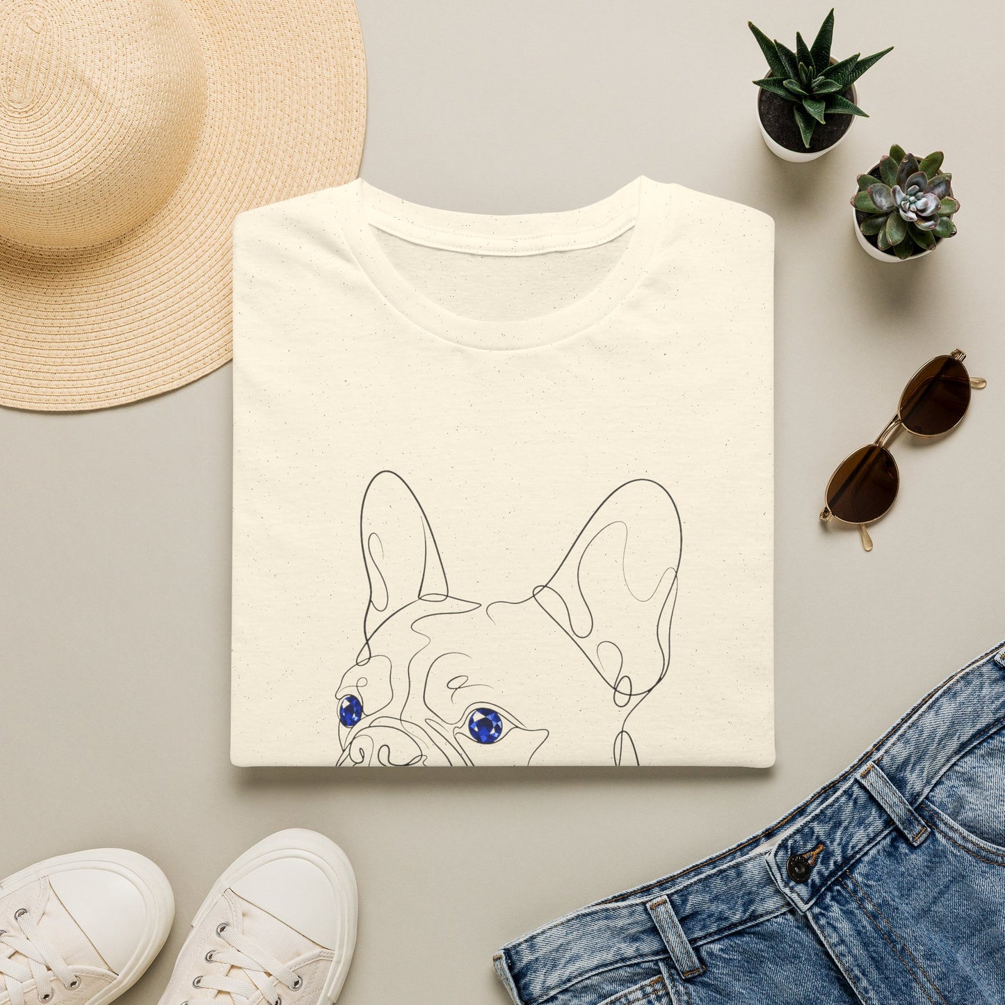 Sapphire French Bulldog single-line art with sapphire blue gem eye — Gold Gecko Co. Line & Gold collection (Light)
