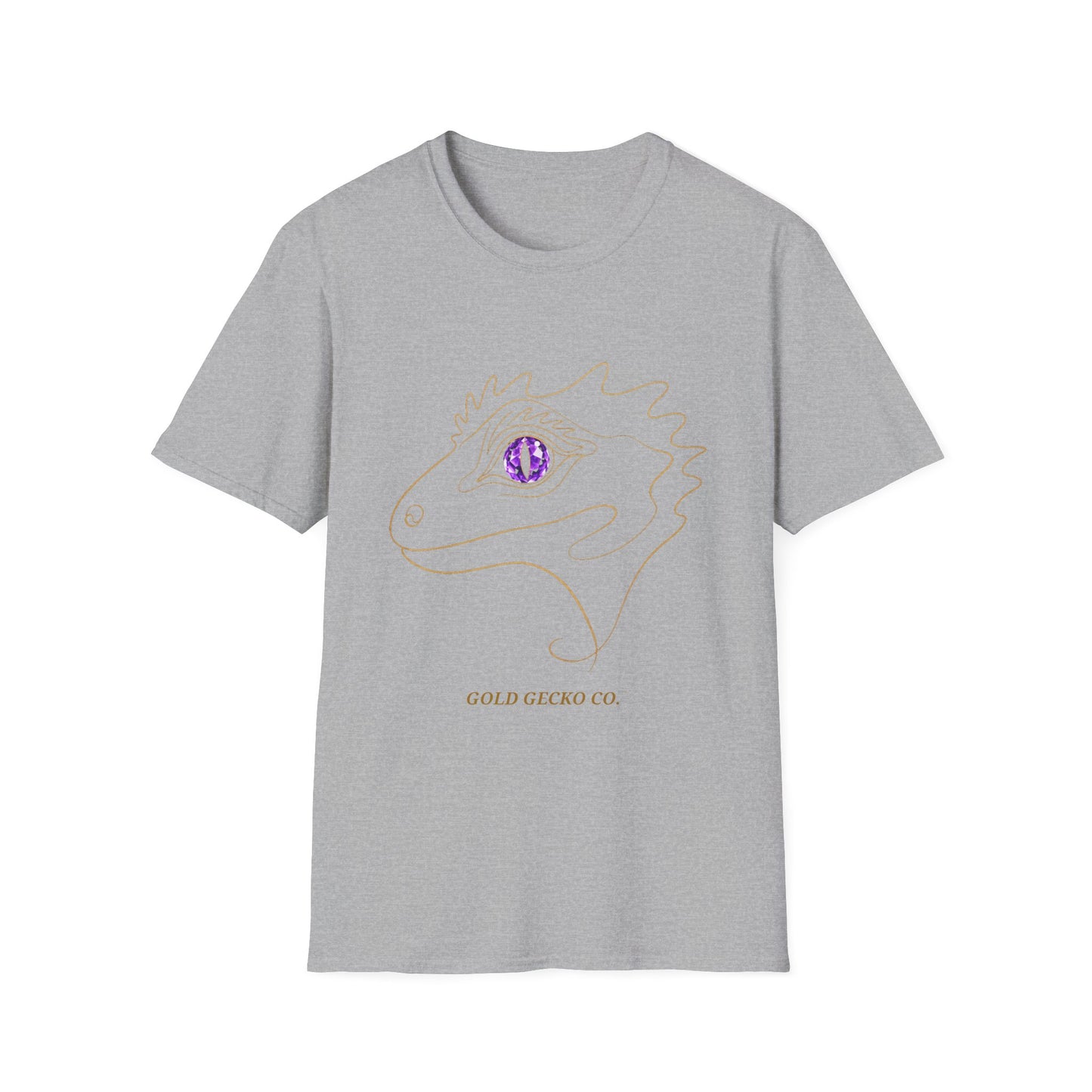 Amethyst Crested Gecko single-line art with amethyst purple gem eye — Gold Gecko Co. Line & Gold collection (Dark)