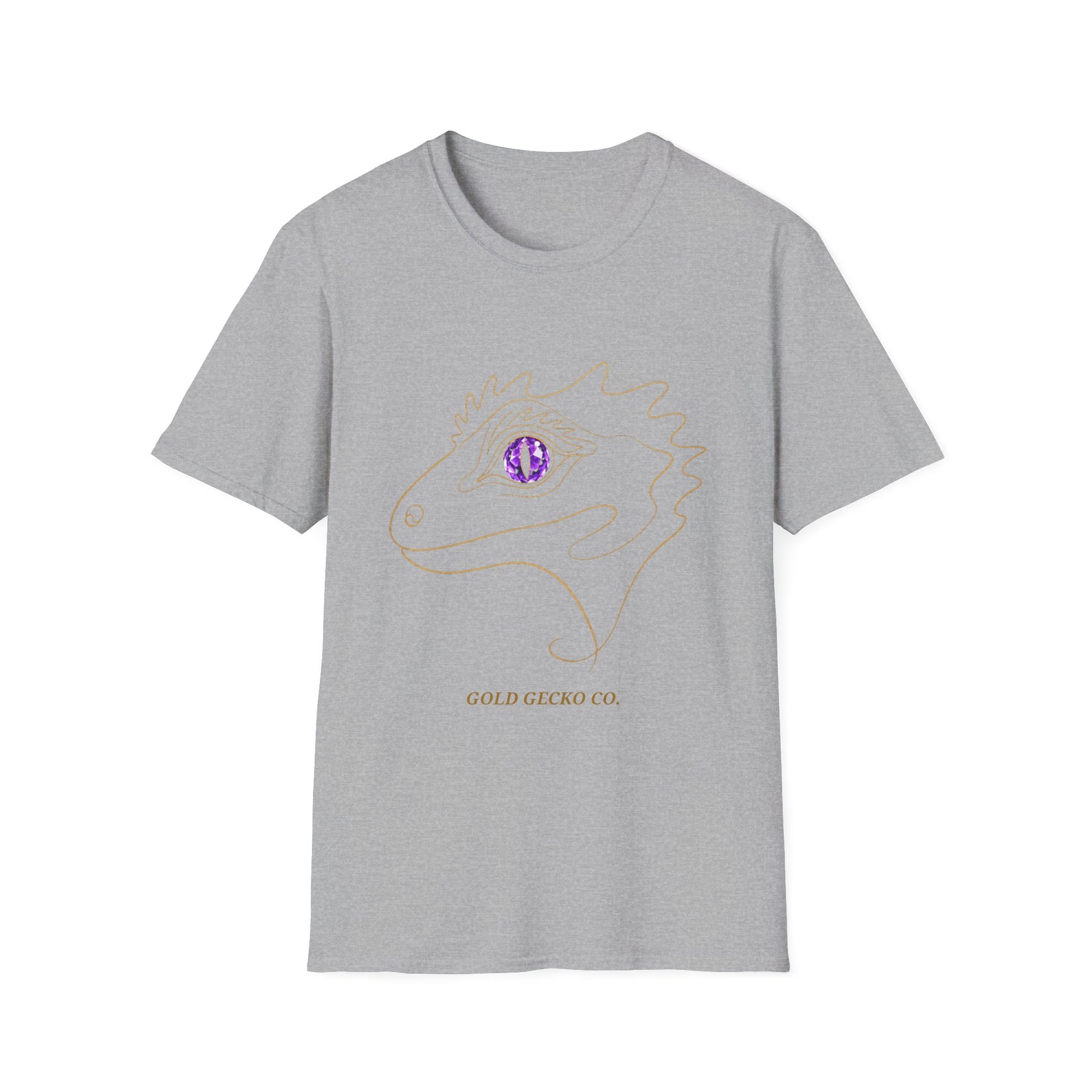 Amethyst Crested Gecko single-line art with amethyst purple gem eye — Gold Gecko Co. Line & Gold collection (Dark)