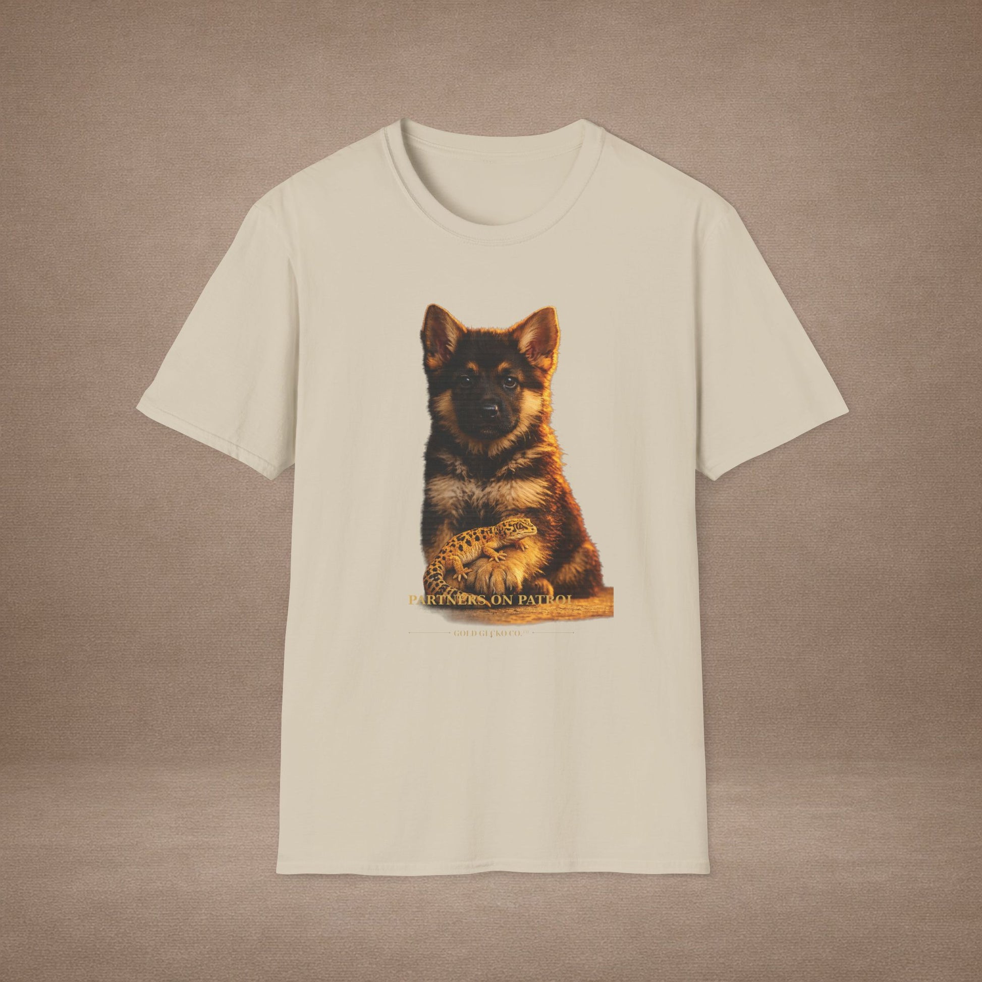 German Shepherd — Partners On Patrol — cinematic photoreal portraits of beloved dog breeds paired w. Gold Gecko Co. Puppies & Geckos collection.