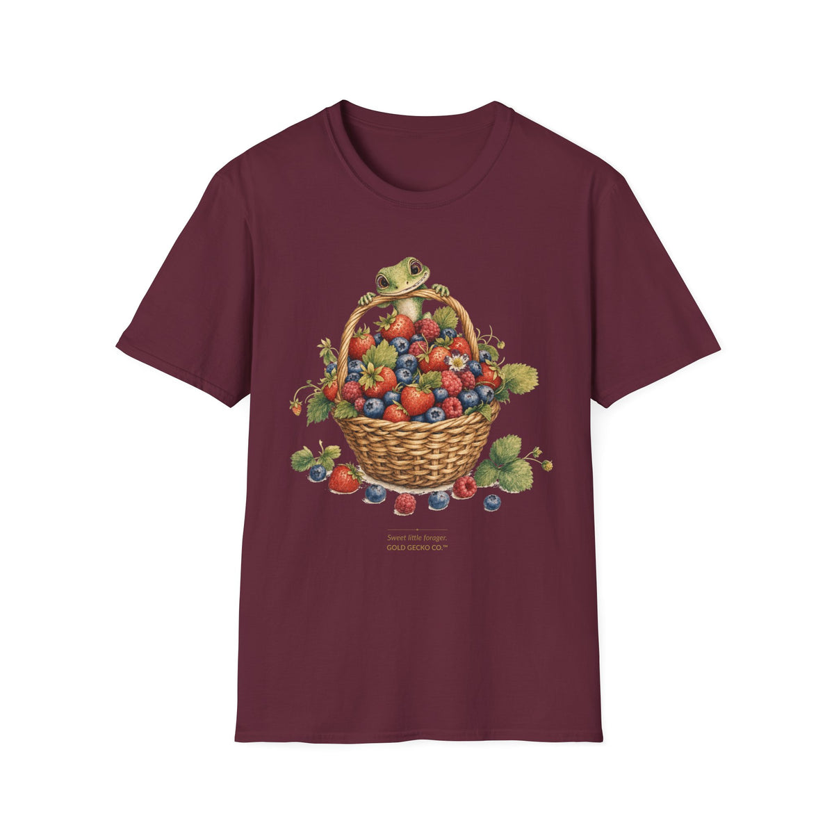 Berry Basket Buddy cottagecore watercolor T-shirt from Gold Gecko Co. — gecko nestled in a woven basket of wild strawberries and blueberries.