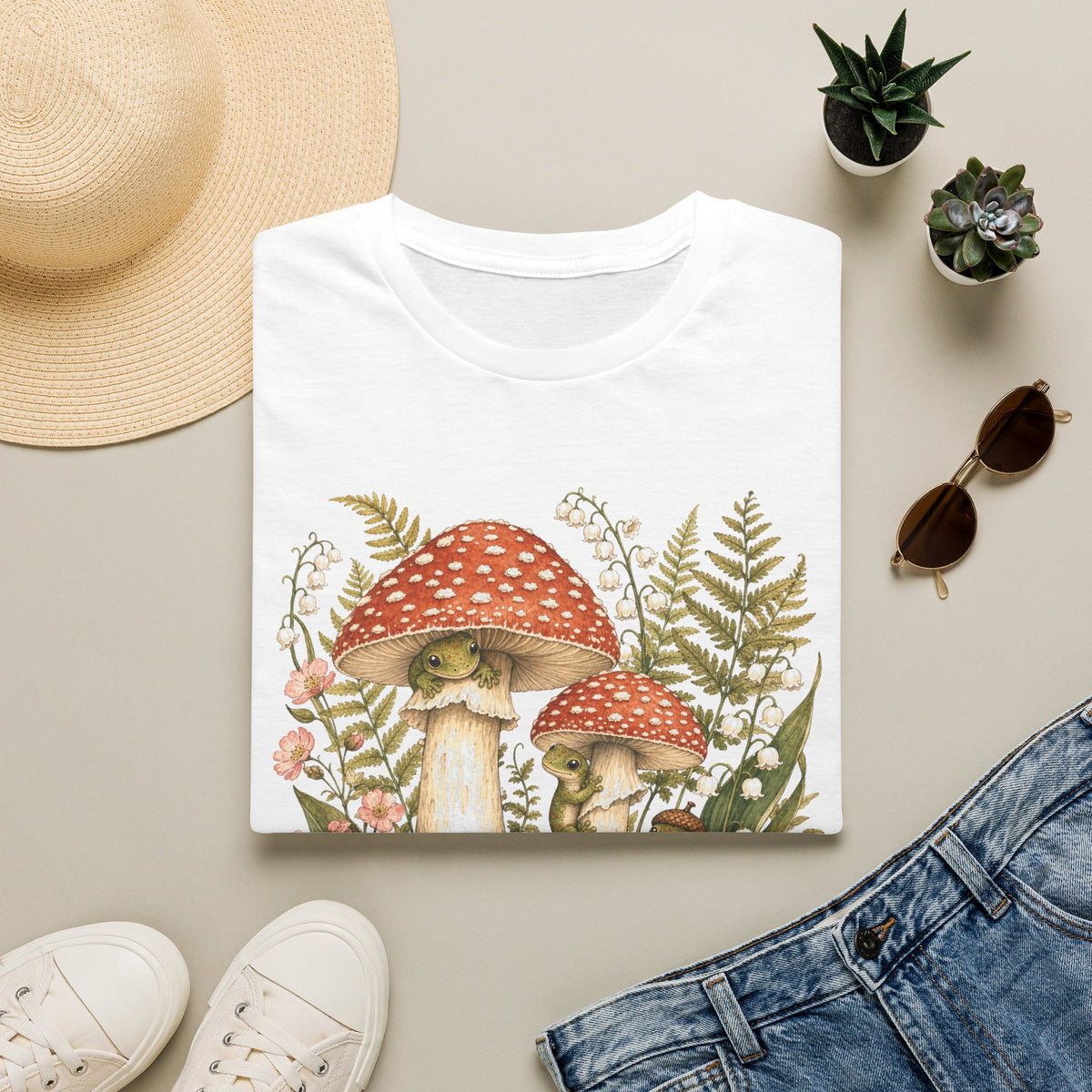 Mushroom Village cottagecore watercolor T-shirt from Gold Gecko Co. — gecko exploring a whimsical toadstool village in the woods.