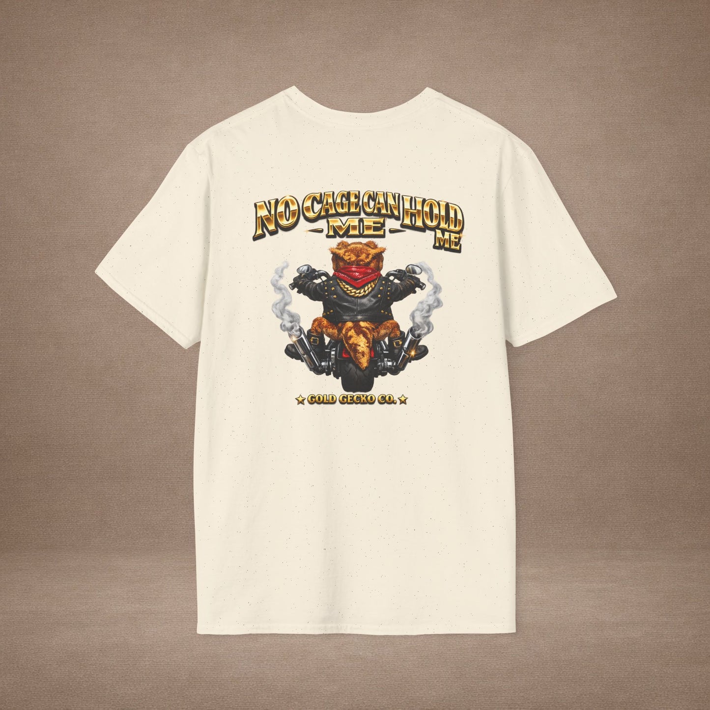 DESIGN #37 No Cage Can Hold Me — Chopper Gecko Tee (Front & Back) Gold Lettering