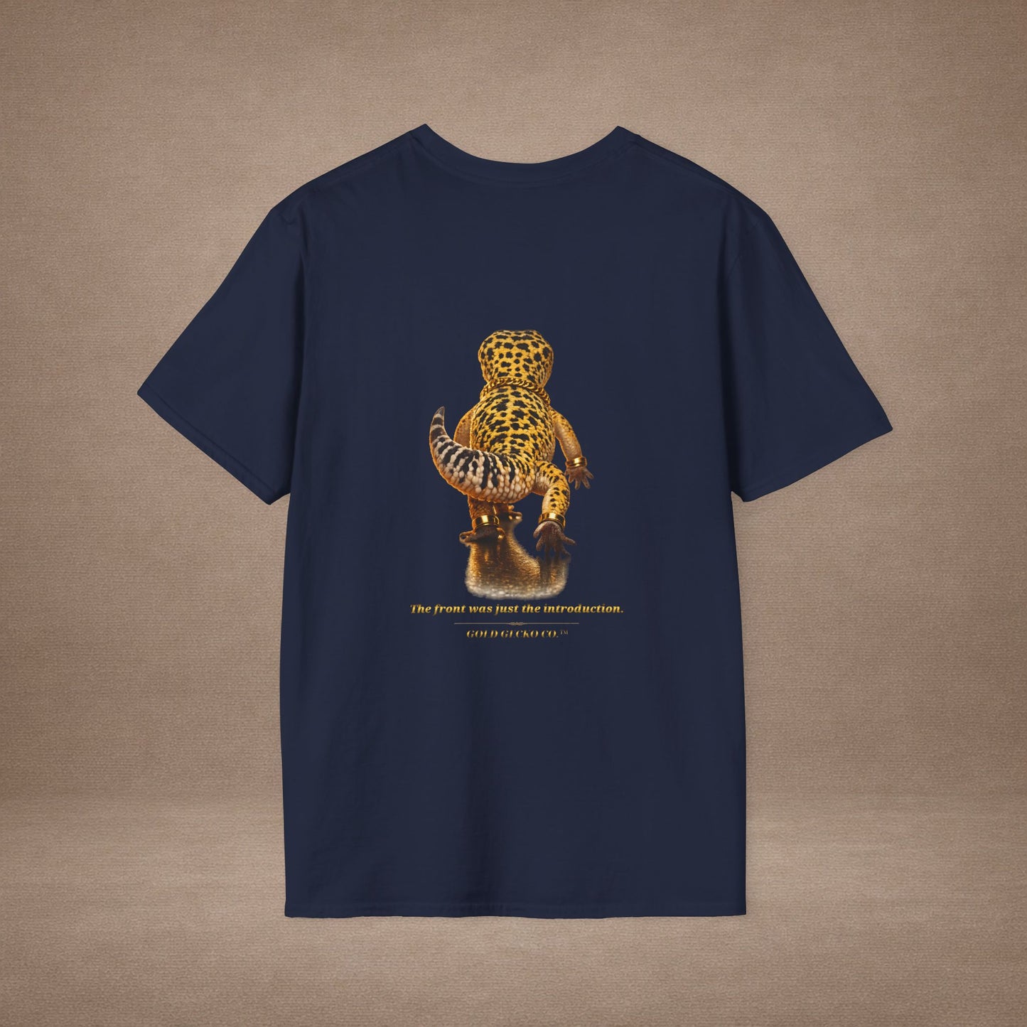 Design # 001  Gold Gecko Co. tm - Signature Logo Tee — Emblem Graphic T-Shirt (Front @ Back)