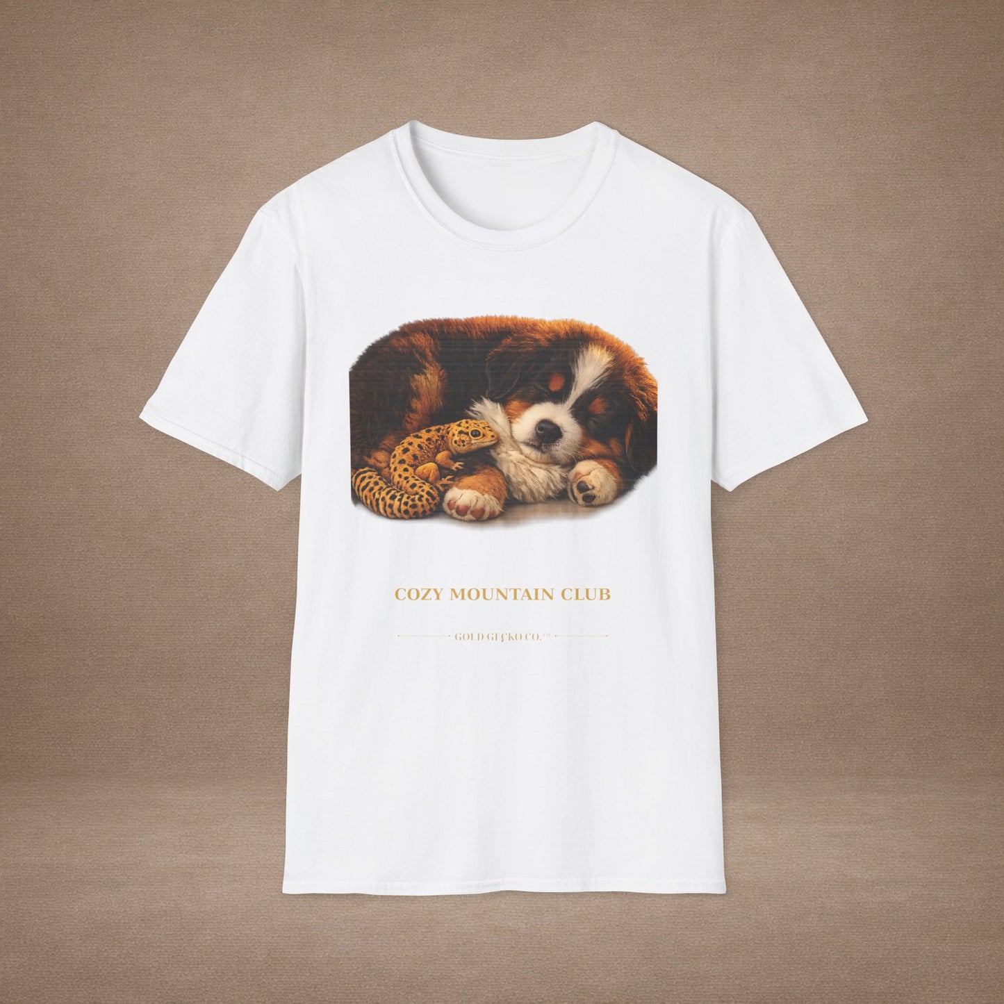 Bernese Mountain Dog — Cozy Mountain Club — cinematic photoreal portraits of beloved dog breeds paired w. Gold Gecko Co. Puppies & Geckos collection.