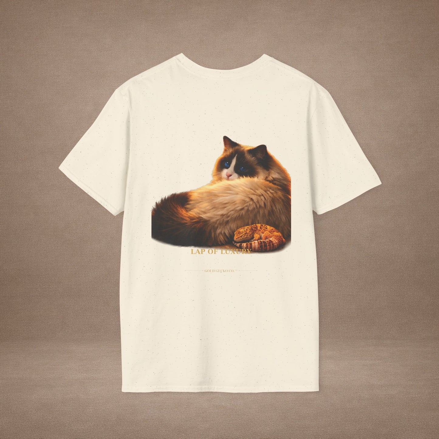 Ragdoll — Lap Of Luxury — photoreal cat breed portraits paired with tiny gecko compani. Gold Gecko Co. Cats & Geckos collection.