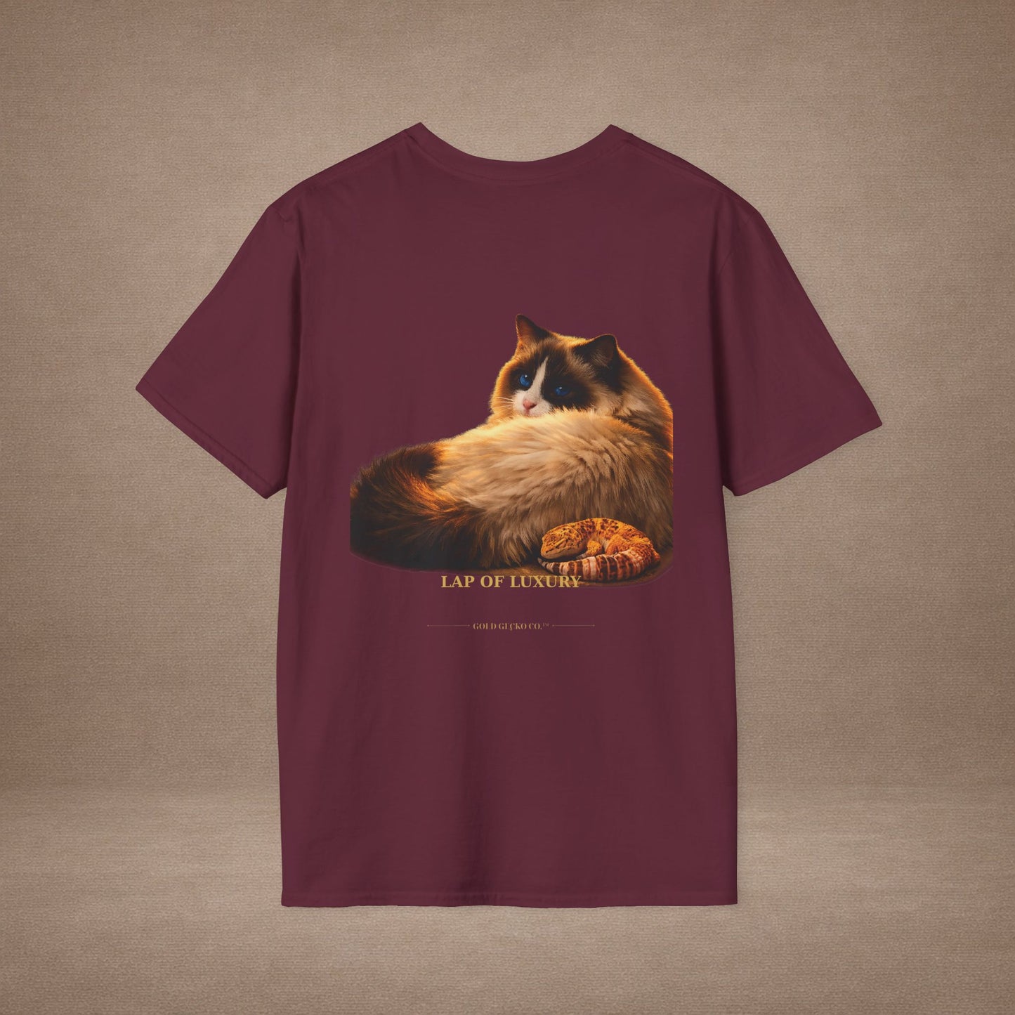 Ragdoll — Lap Of Luxury — photoreal cat breed portraits paired with tiny gecko compani. Gold Gecko Co. Cats & Geckos collection.