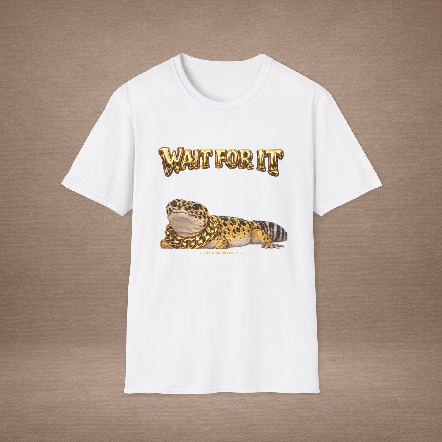 DESIGN #21 Wait For It... Lounging Leopard Gecko Tee (Front & Back) - Gold Lettering