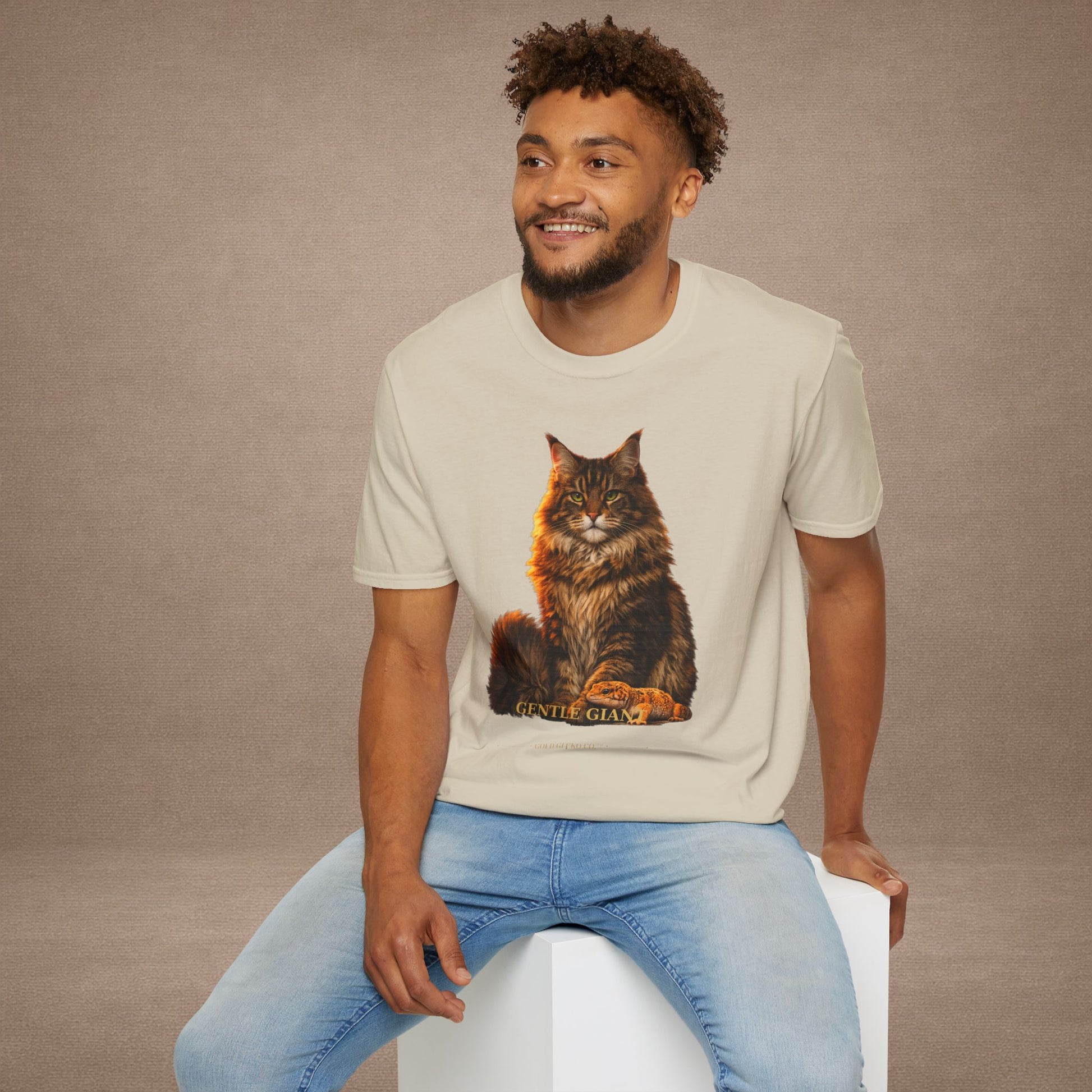 Maine Coon — Gentle Giant — photoreal cat breed portraits paired with tiny gecko compani. Gold Gecko Co. Cats & Geckos collection.