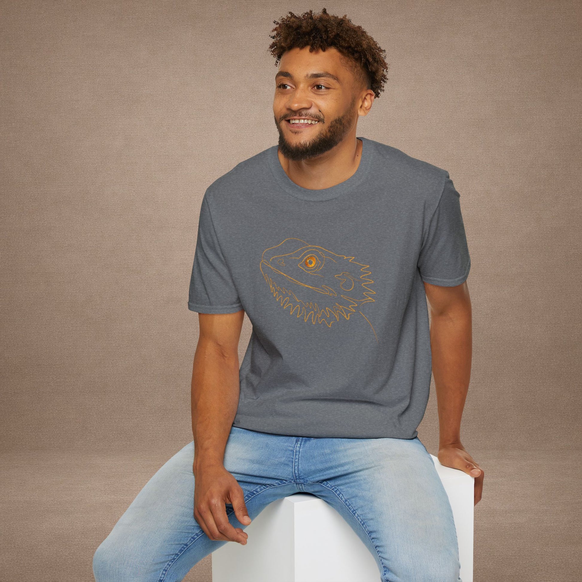 Amber Bearded Dragon single-line art with amber gold gem eye — Gold Gecko Co. Line & Gold collection (Dark)