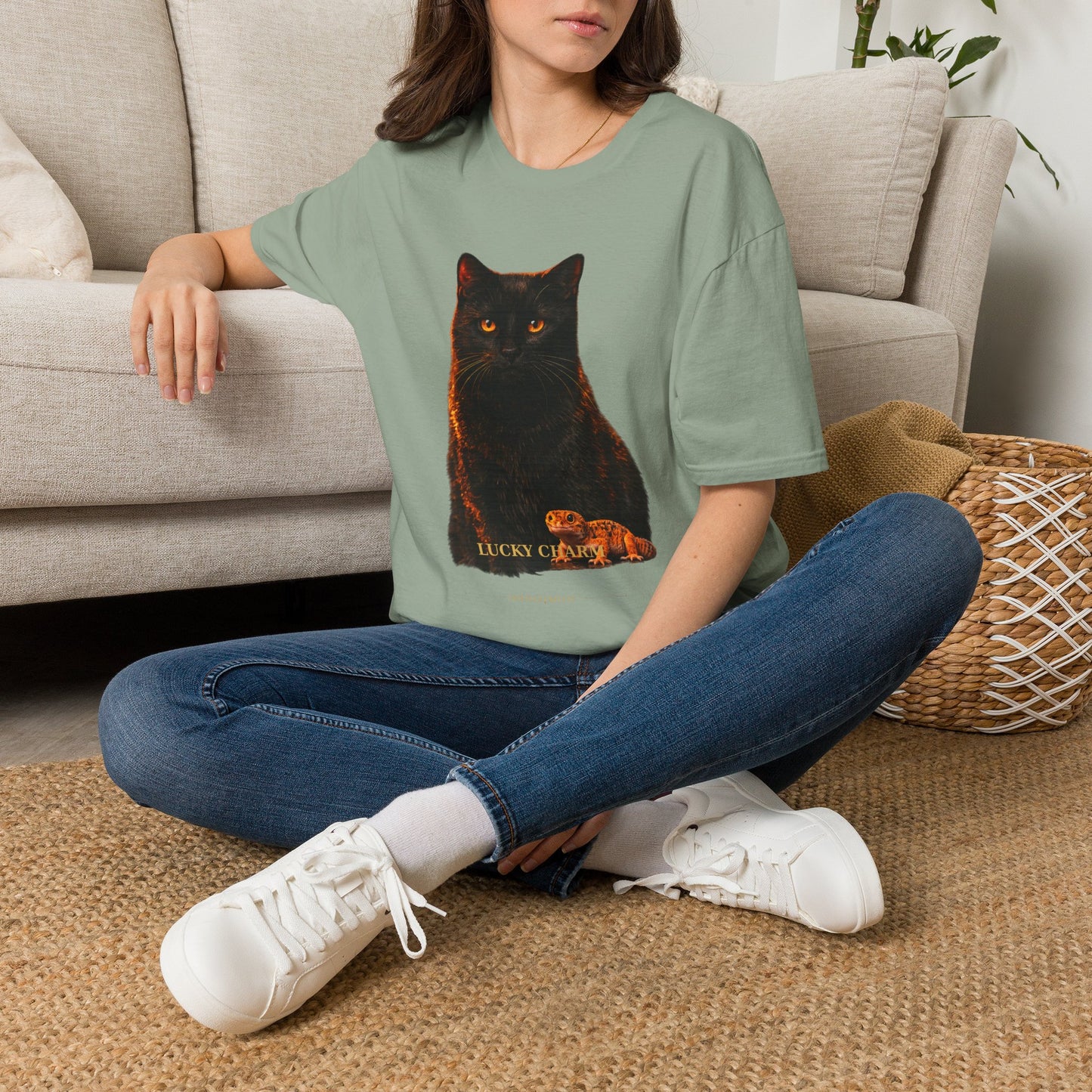 Black Cat — Lucky Charm — photoreal cat breed portraits paired with tiny gecko compani. Gold Gecko Co. Cats & Geckos collection.