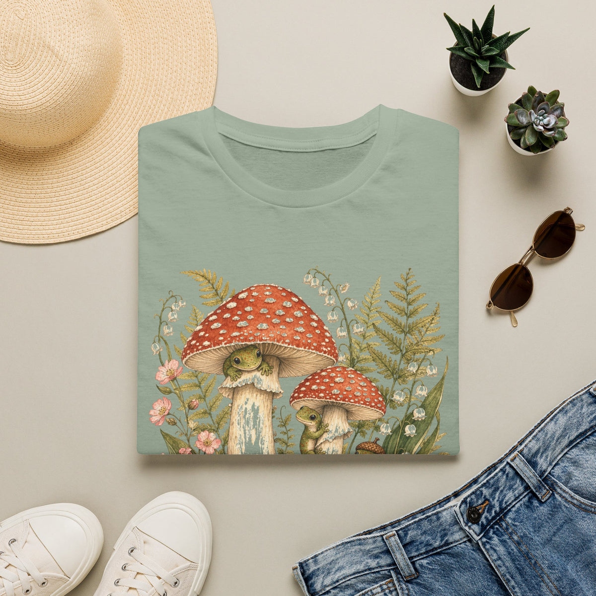 Mushroom Village cottagecore watercolor T-shirt from Gold Gecko Co. — gecko exploring a whimsical toadstool village in the woods.