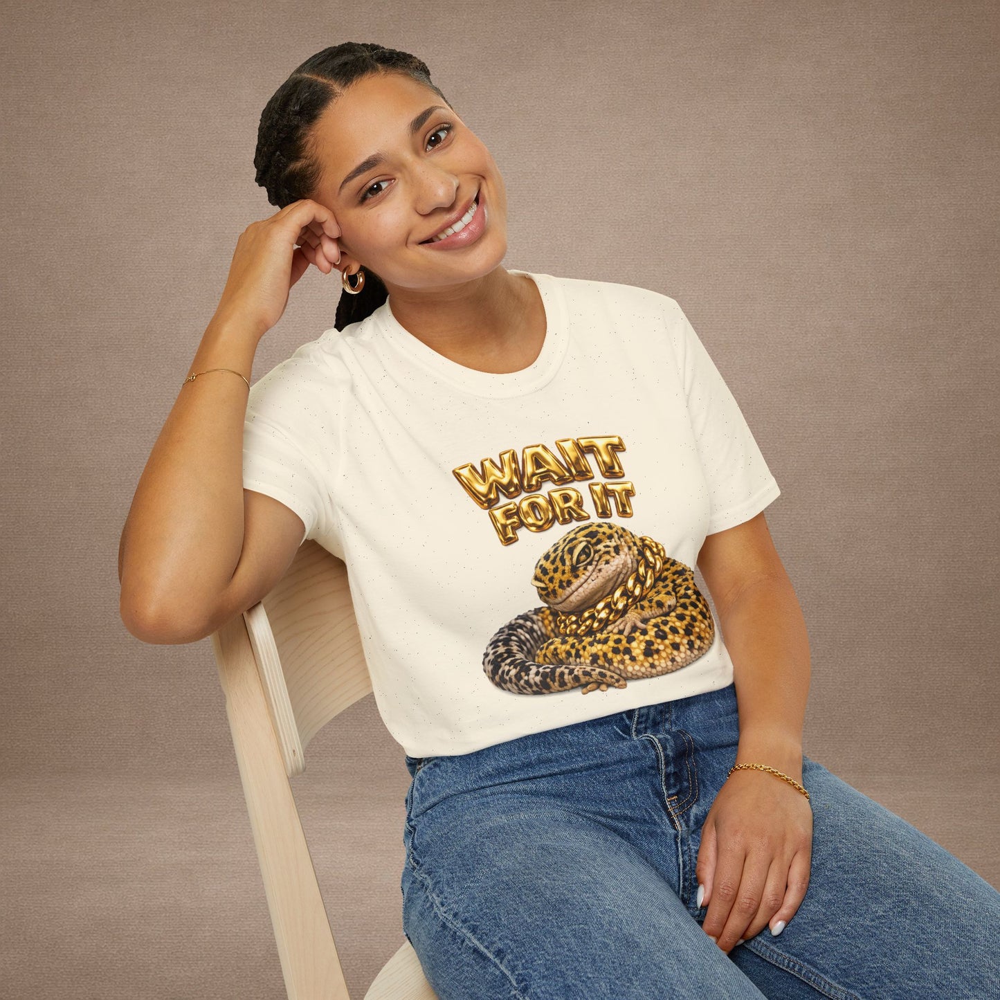 DESIGN #06-1 - Wait For It -  Side-Eye Leopard Gecko Tee (Front & Back)- Gold Letters