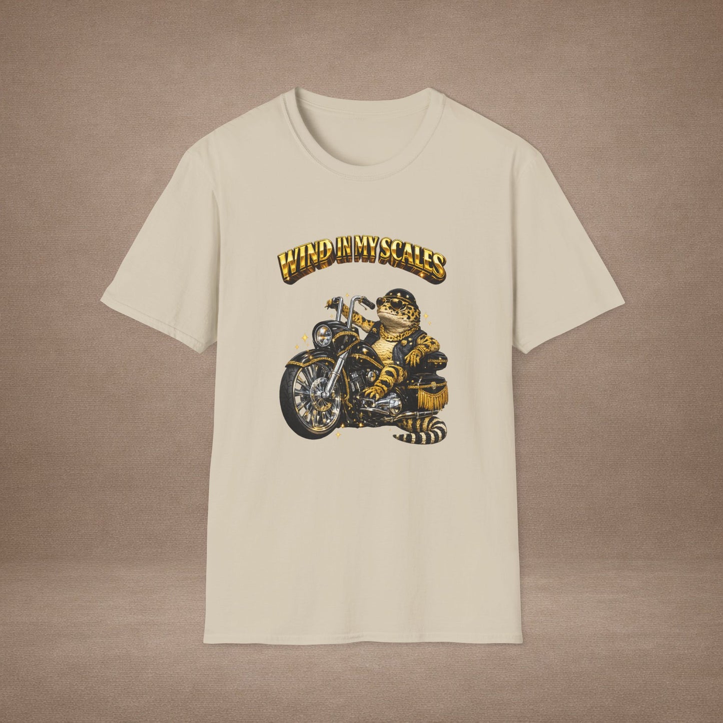 DESIGN #38 Wind in My Scales — Bagger Gecko Tee (Front & Back) Golden Letters