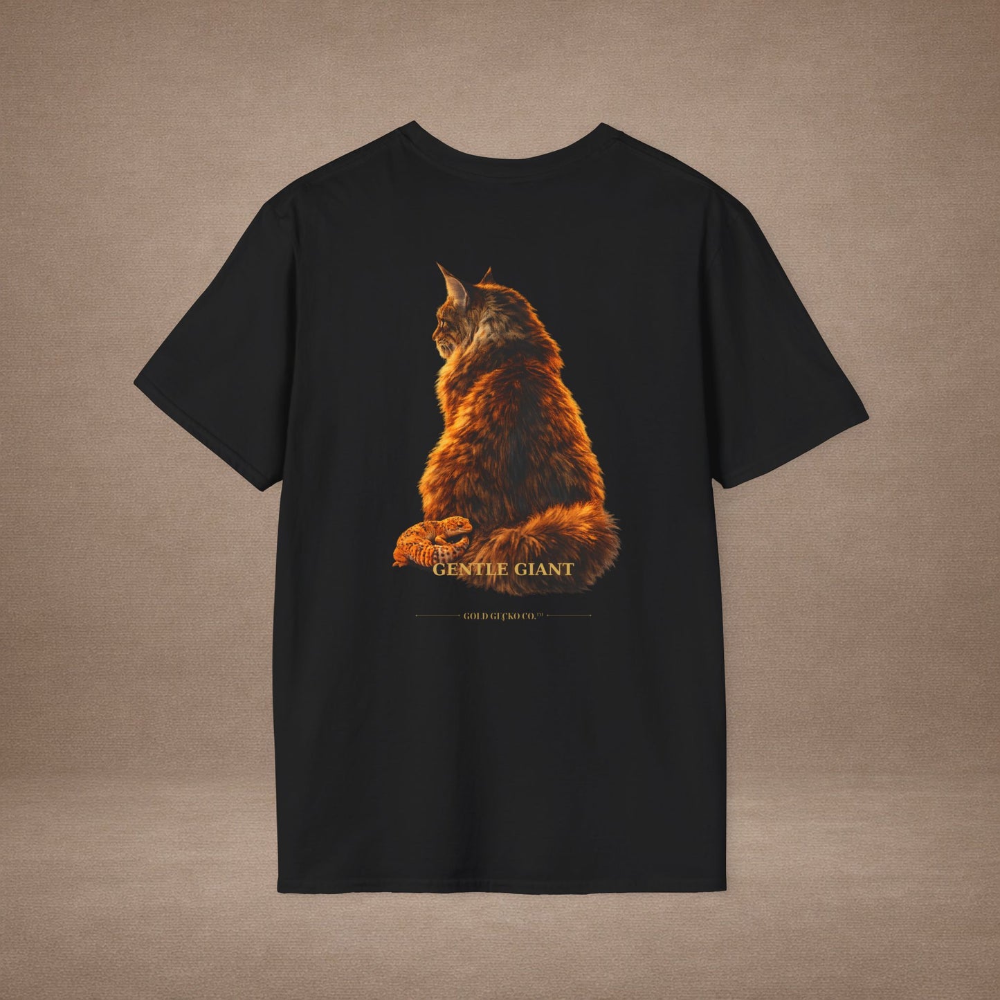 Maine Coon — Gentle Giant — photoreal cat breed portraits paired with tiny gecko compani. Gold Gecko Co. Cats & Geckos collection.