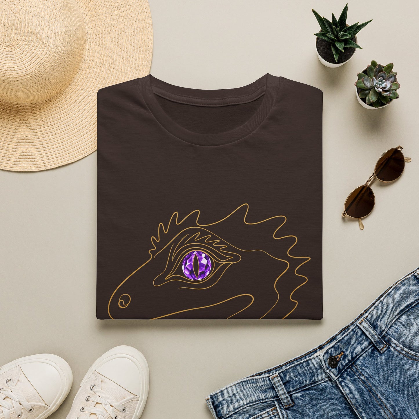 Amethyst Crested Gecko single-line art with amethyst purple gem eye — Gold Gecko Co. Line & Gold collection (Dark)