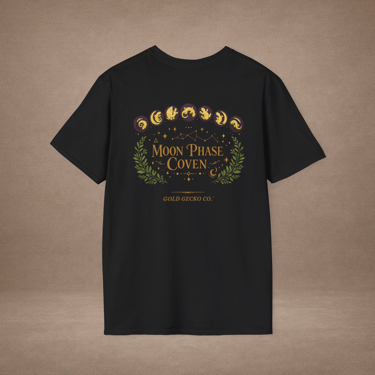 Moon Phase Coven gecko t-shirt with Coven Banner back — Gold Gecko Co. Moon & Mystic collection