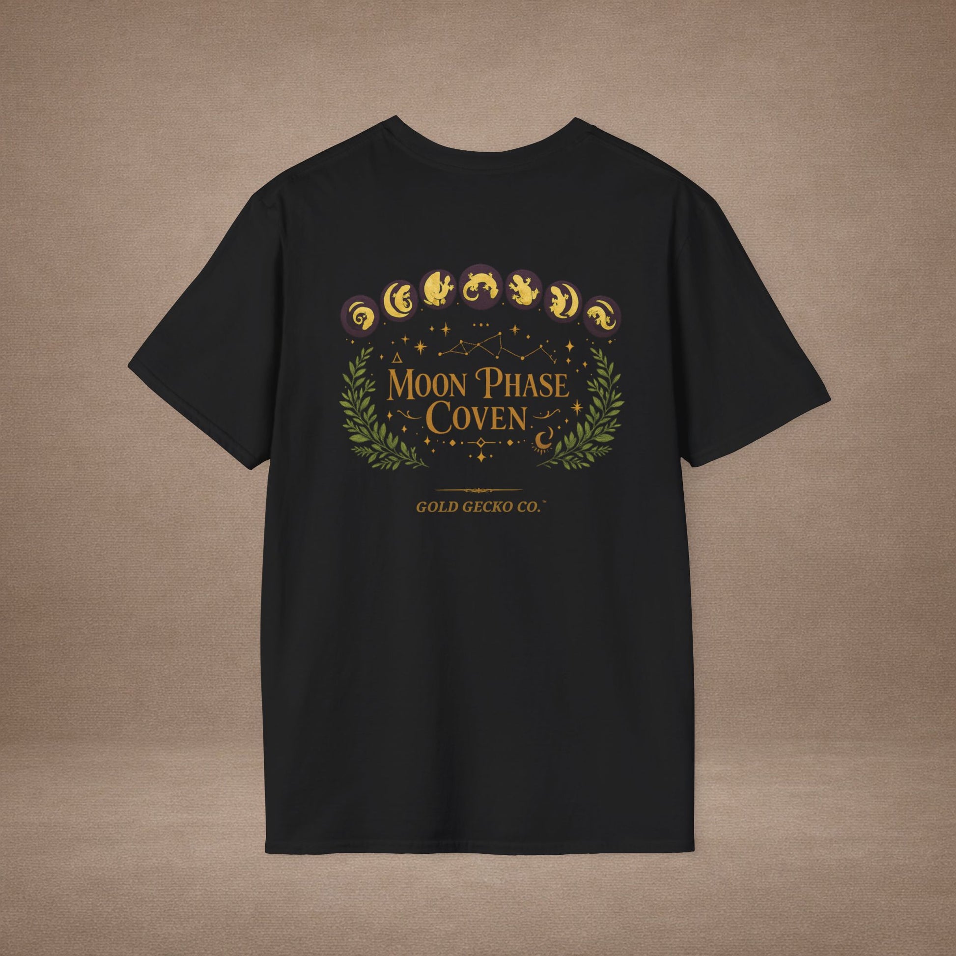 Moon Phase Coven gecko t-shirt with Coven Banner back — Gold Gecko Co. Moon & Mystic collection