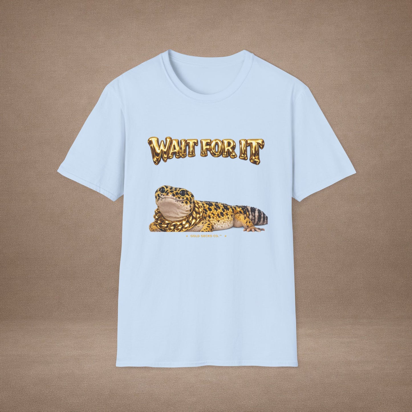 DESIGN #21 Wait For It... Lounging Leopard Gecko Tee (Front & Back) - Gold Lettering