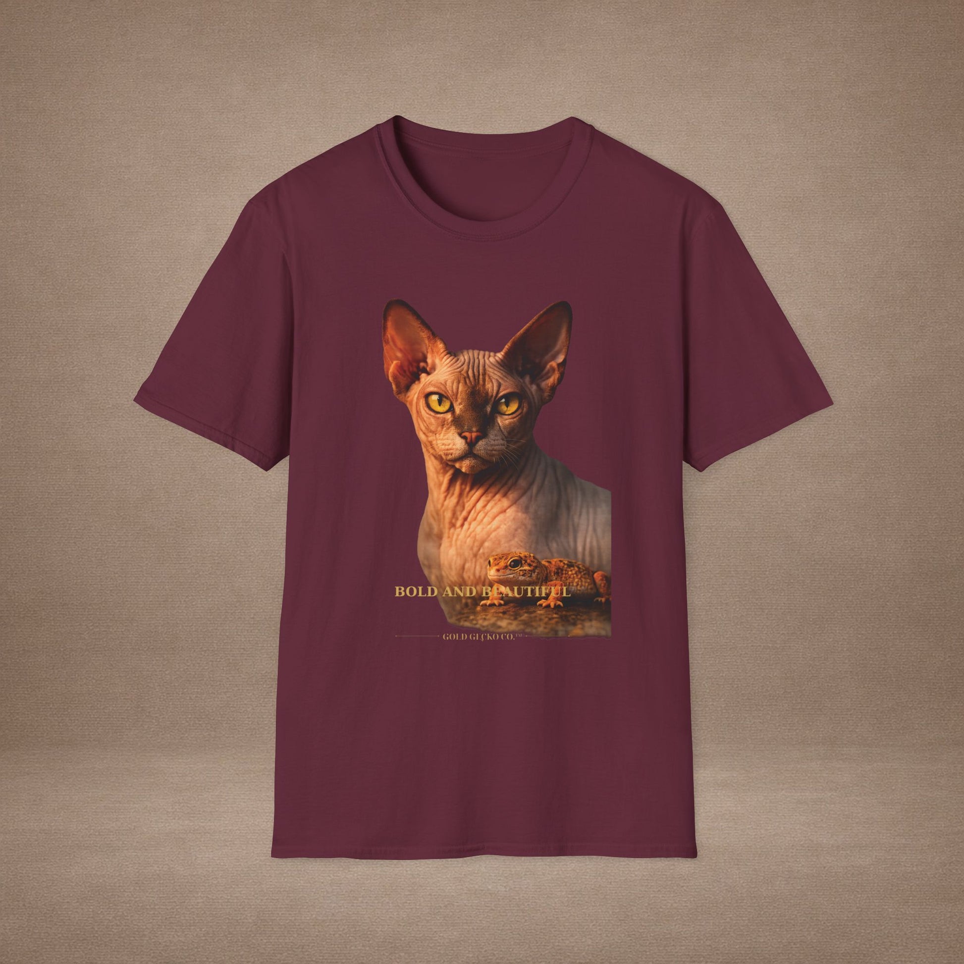 Sphynx — Bold And Beautiful — photoreal cat breed portraits paired with tiny gecko compani. Gold Gecko Co. Cats & Geckos collection.