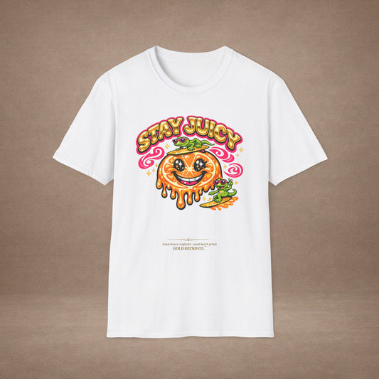 Stay Juicy retro chrome orange & gecko graphic t-shirt — Gold Gecko Co.